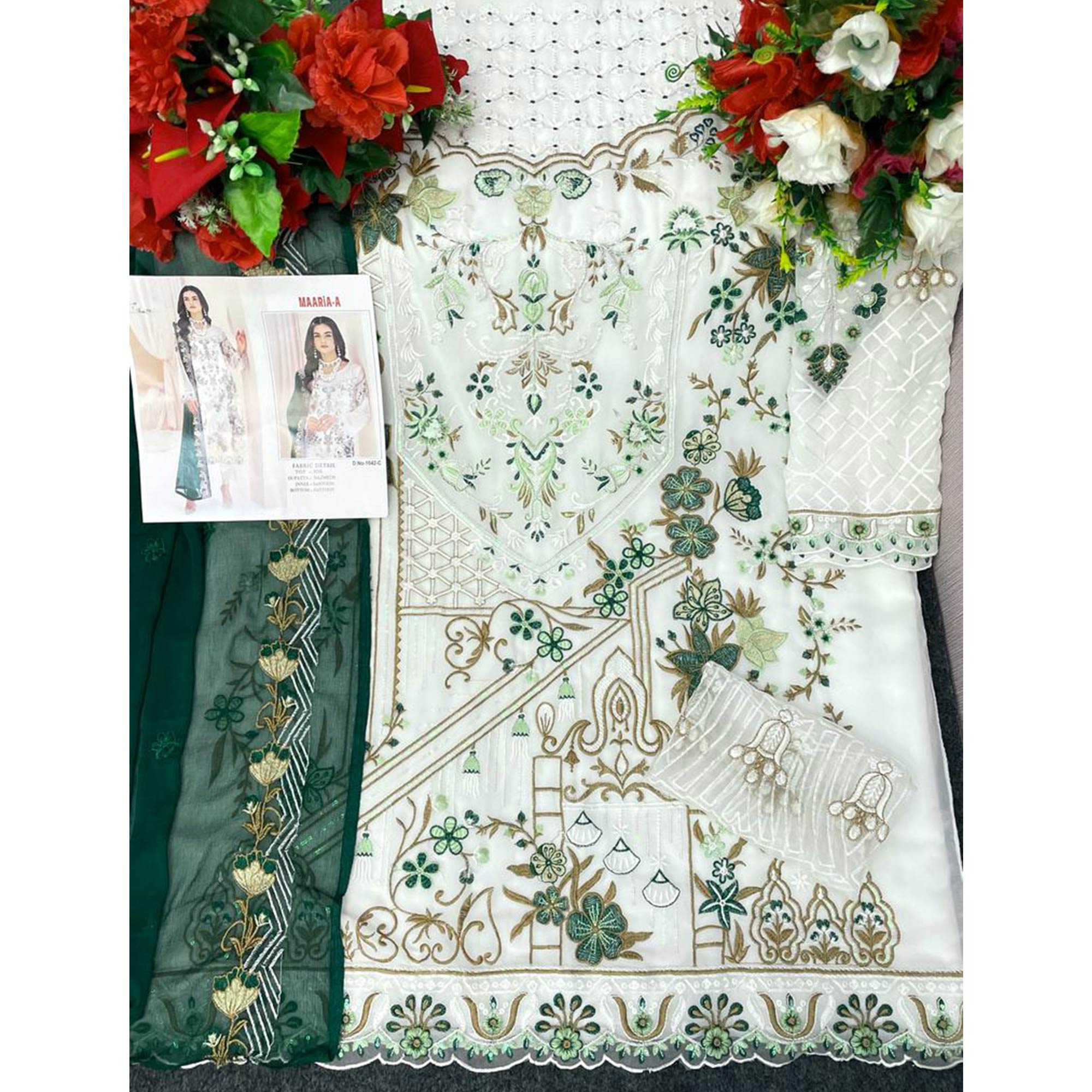 White & Green Floral Embroidered Georgette Semi Stitched Pakistani Suit