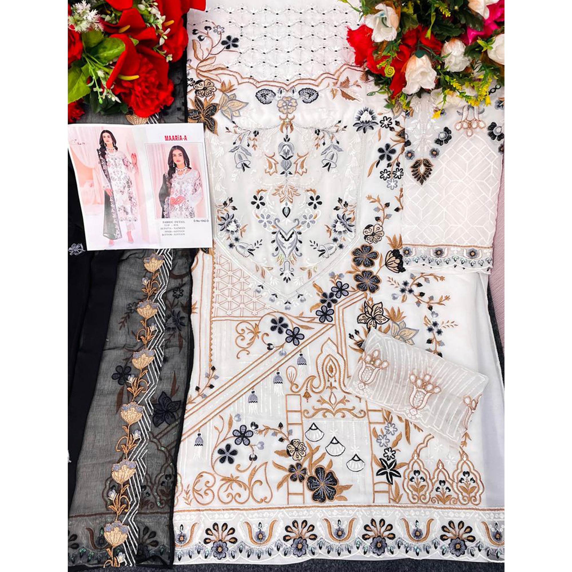 White & Black Floral Embroidered Georgette Semi Stitched Pakistani Suit