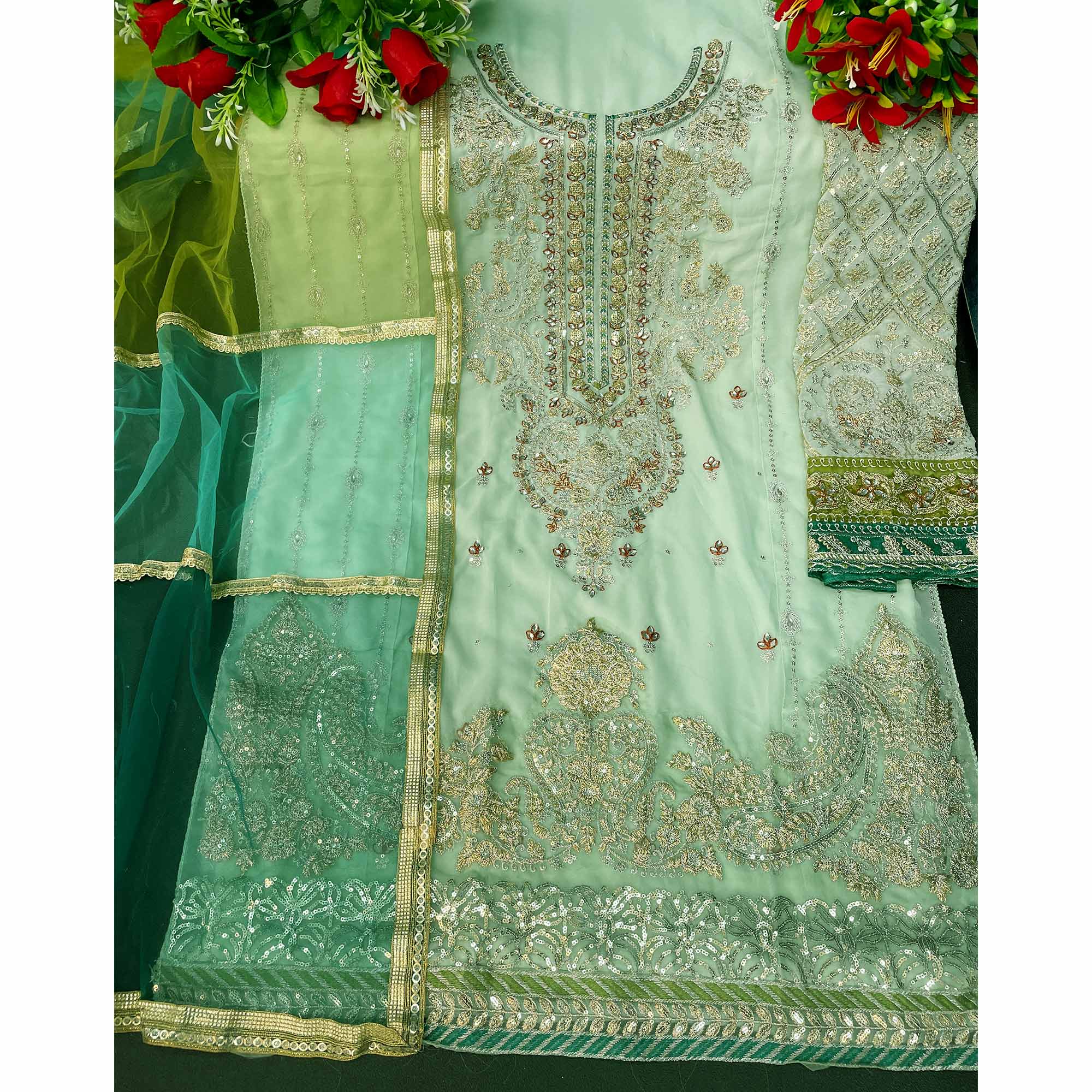 Green Floral Embroidered Georgette Pakistani Suit