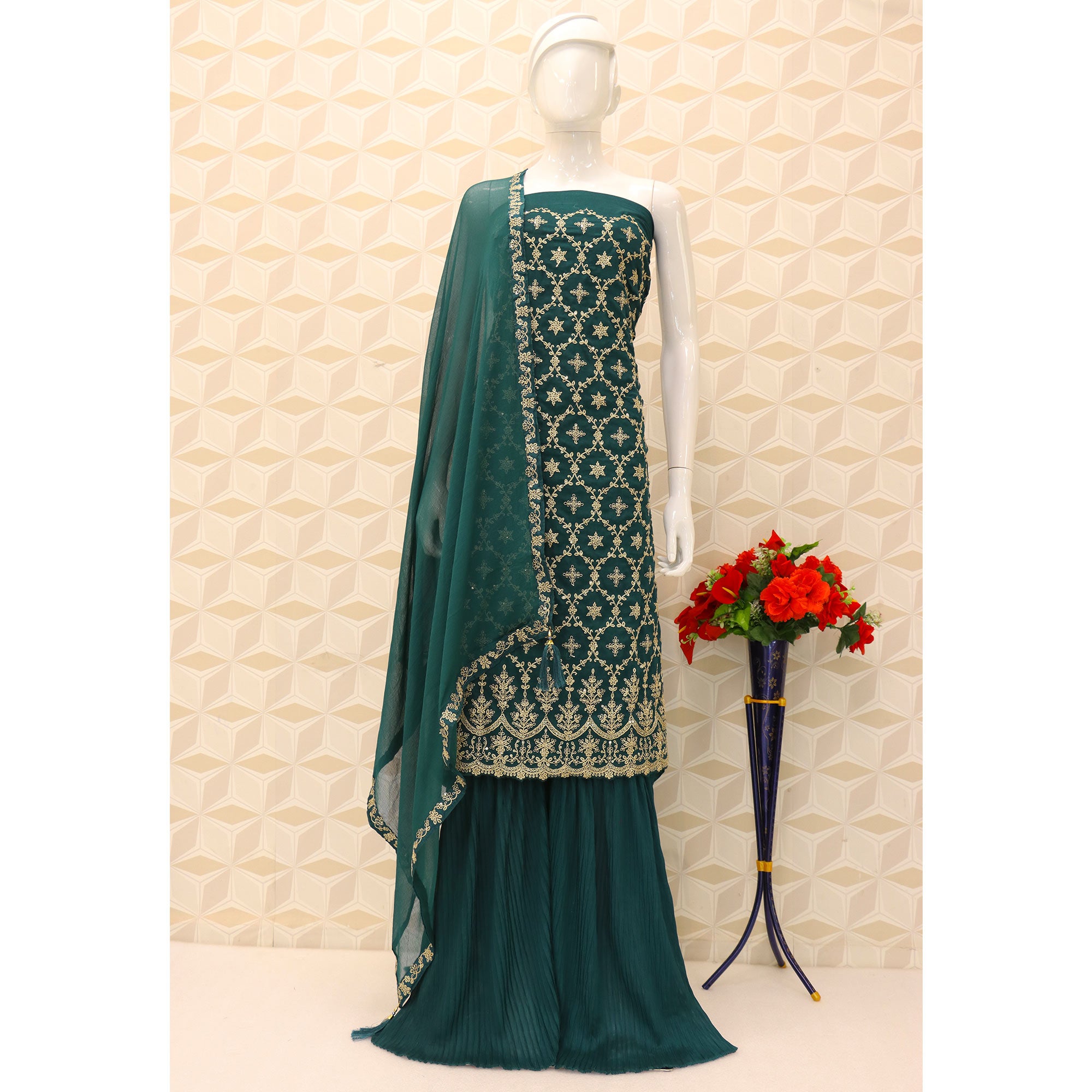 Green Embroidered Georgette Semi Stitched Suit
