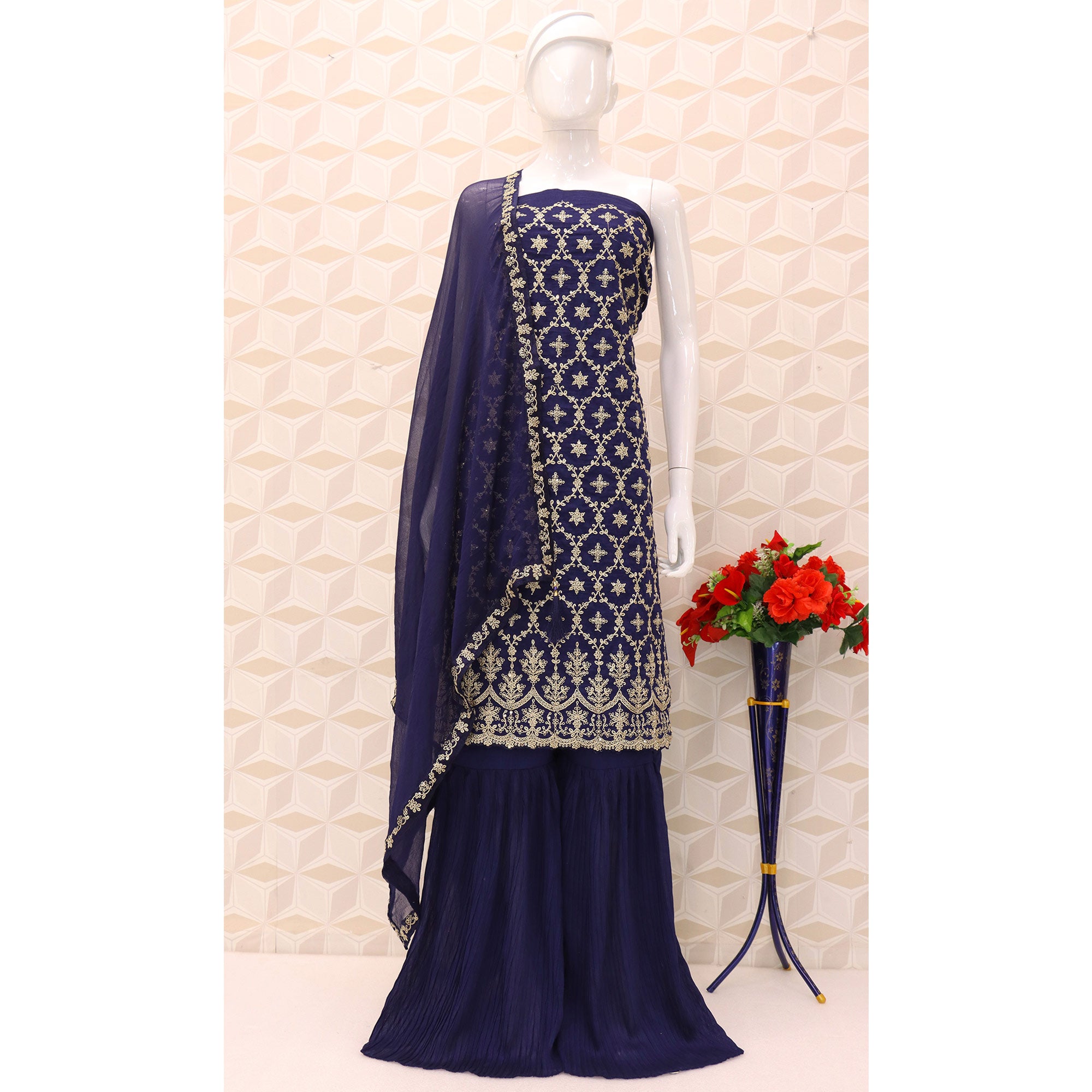 Blue Embroidered Georgette Semi Stitched Suit