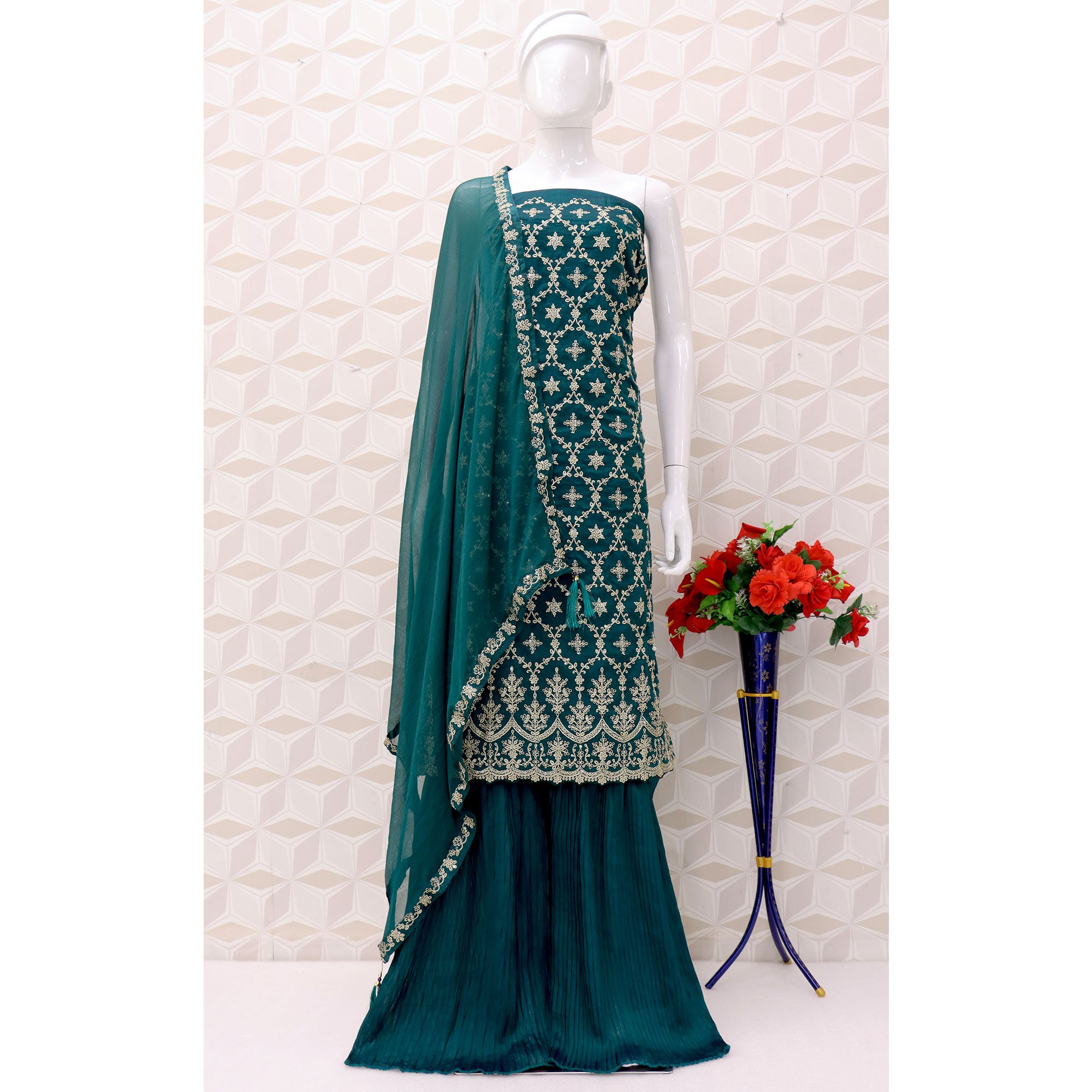 Teal Embroidered Georgette Semi Stitched Suit