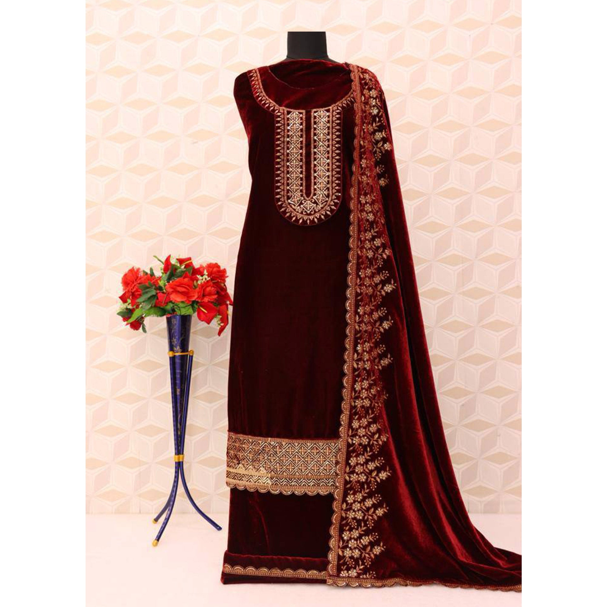 Maroon Floral Embroidered Velvet Semi Stitched Suit
