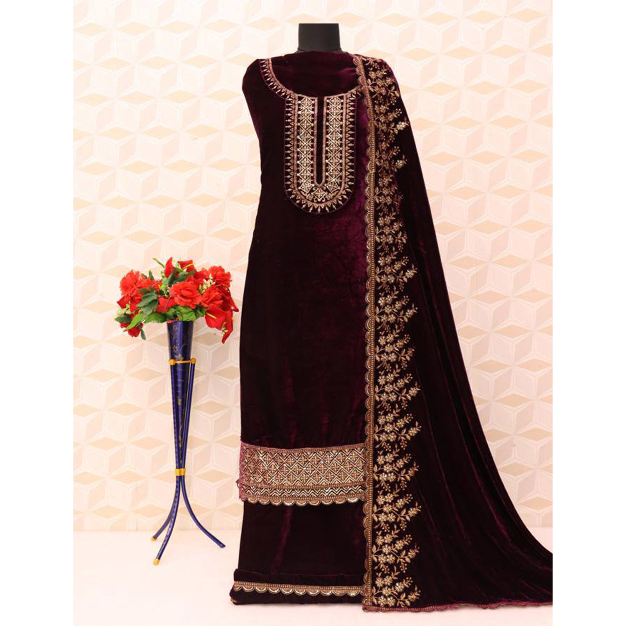 Wine Floral Embroidered Velvel Semi Stitched Suit