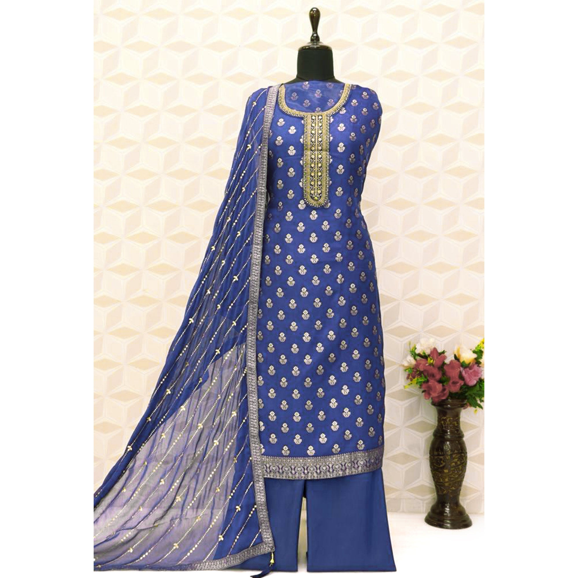 Blue Floral Woven Jacquard Semi Stitched Salwar Suit