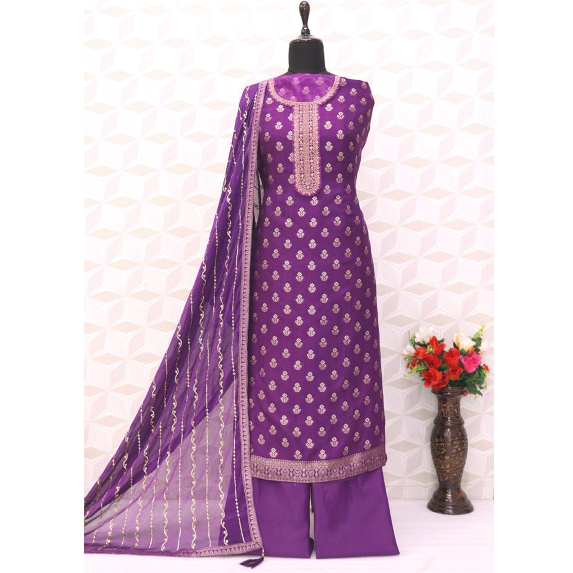 Purple Floral Woven Jacquard Semi Stitched Salwar Suit