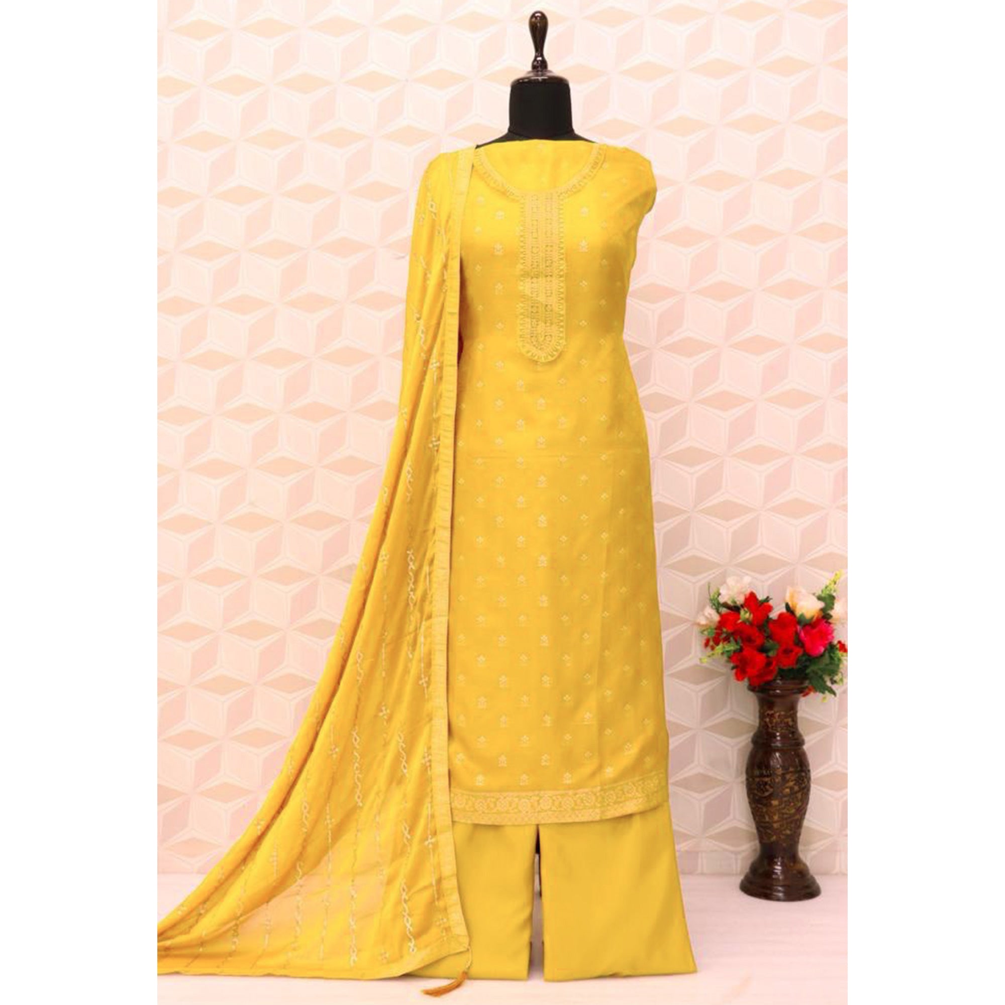 Yellow Floral Woven Jacquard Semi Stitched Salwar Suit