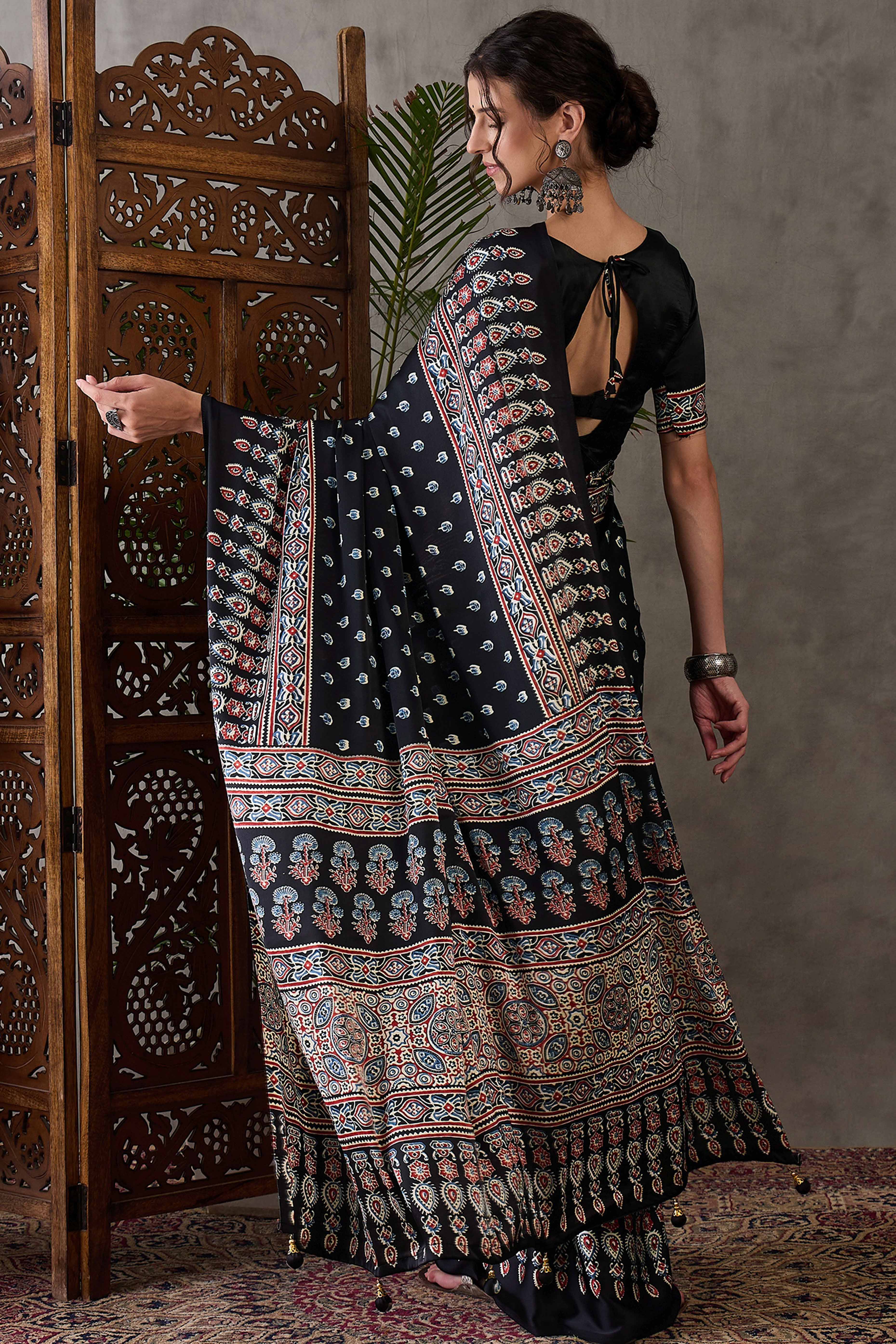 Black Ajrakh Inspired Printed Modal Satin Saree for Party Occasions
