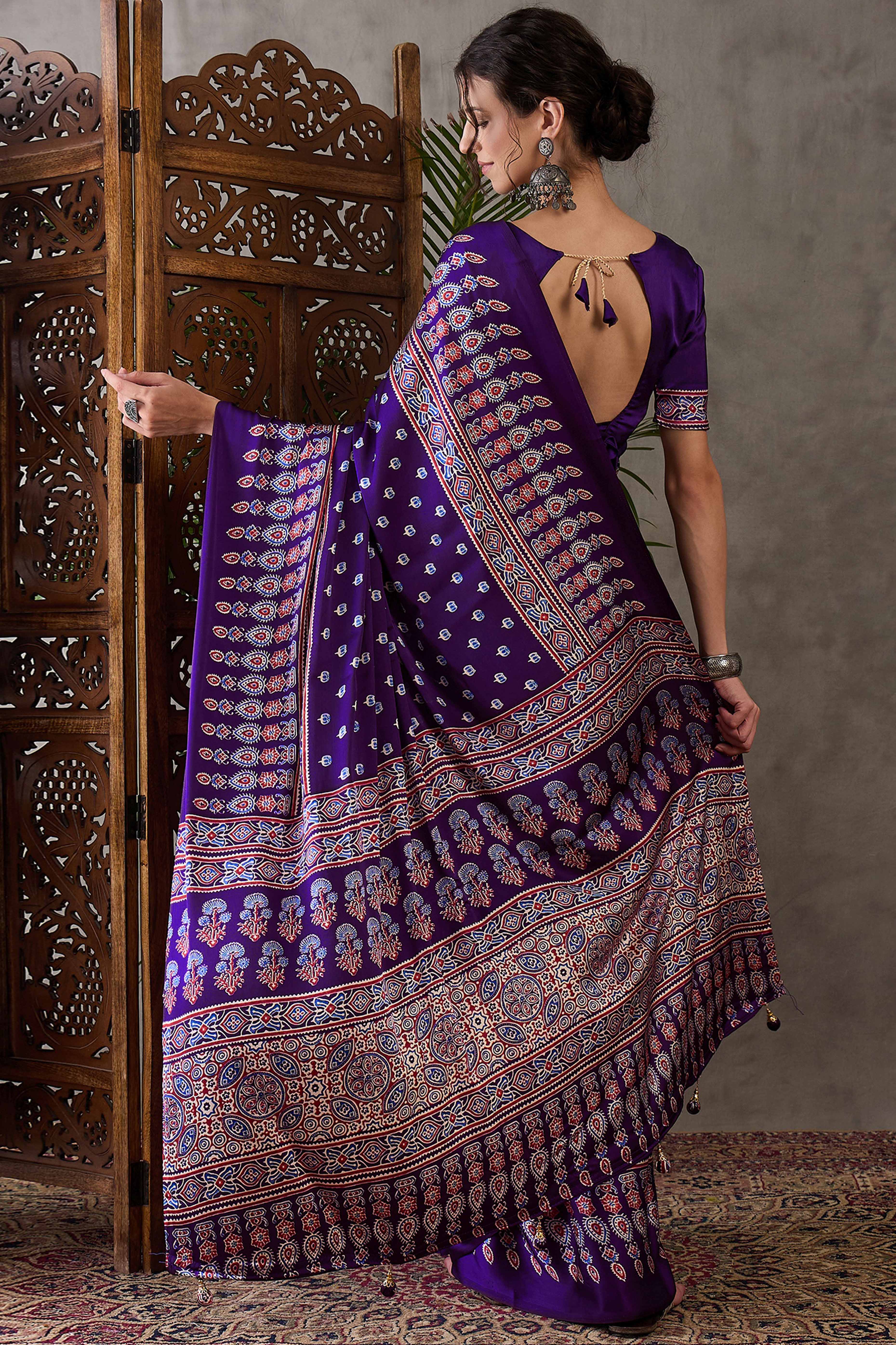 Purple Ajrakh Inspired Printed Modal Satin Saree for Party Occasions