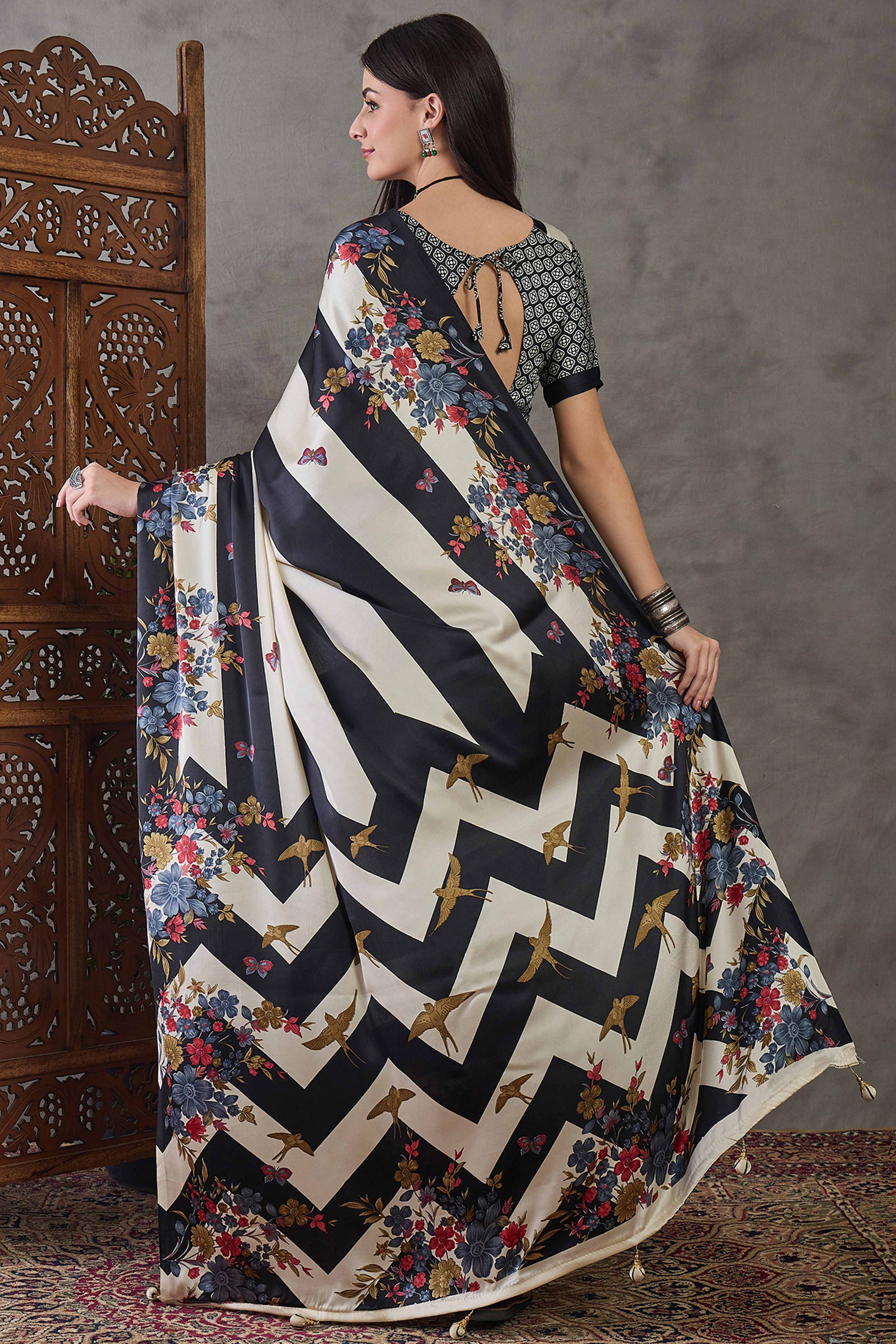 Black Floral Printed Modal Satin Party Wear Saree with a Smooth Satin Finish