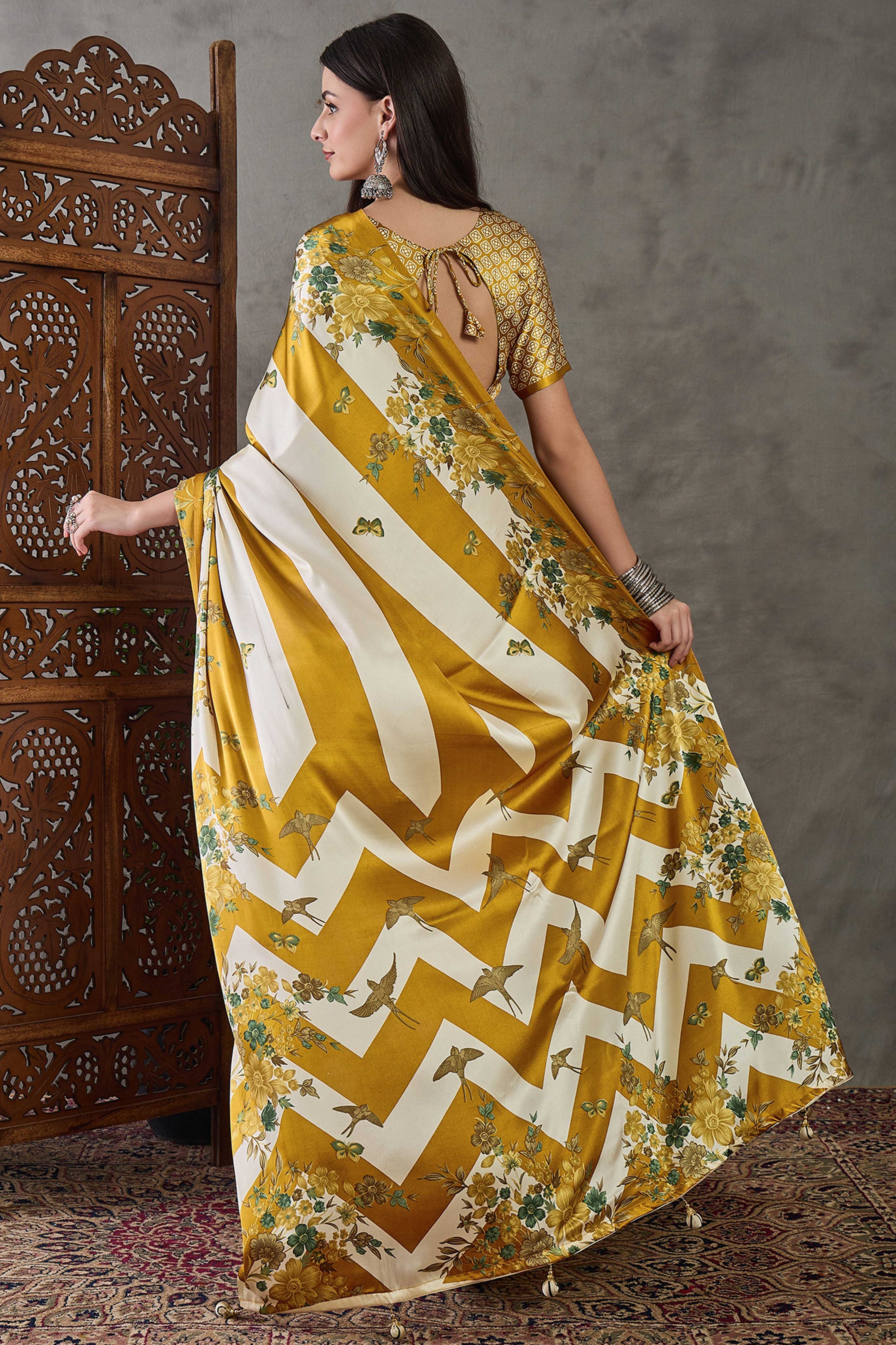 Olive Floral Printed Modal Satin Party Wear Saree with a Smooth Satin Finish