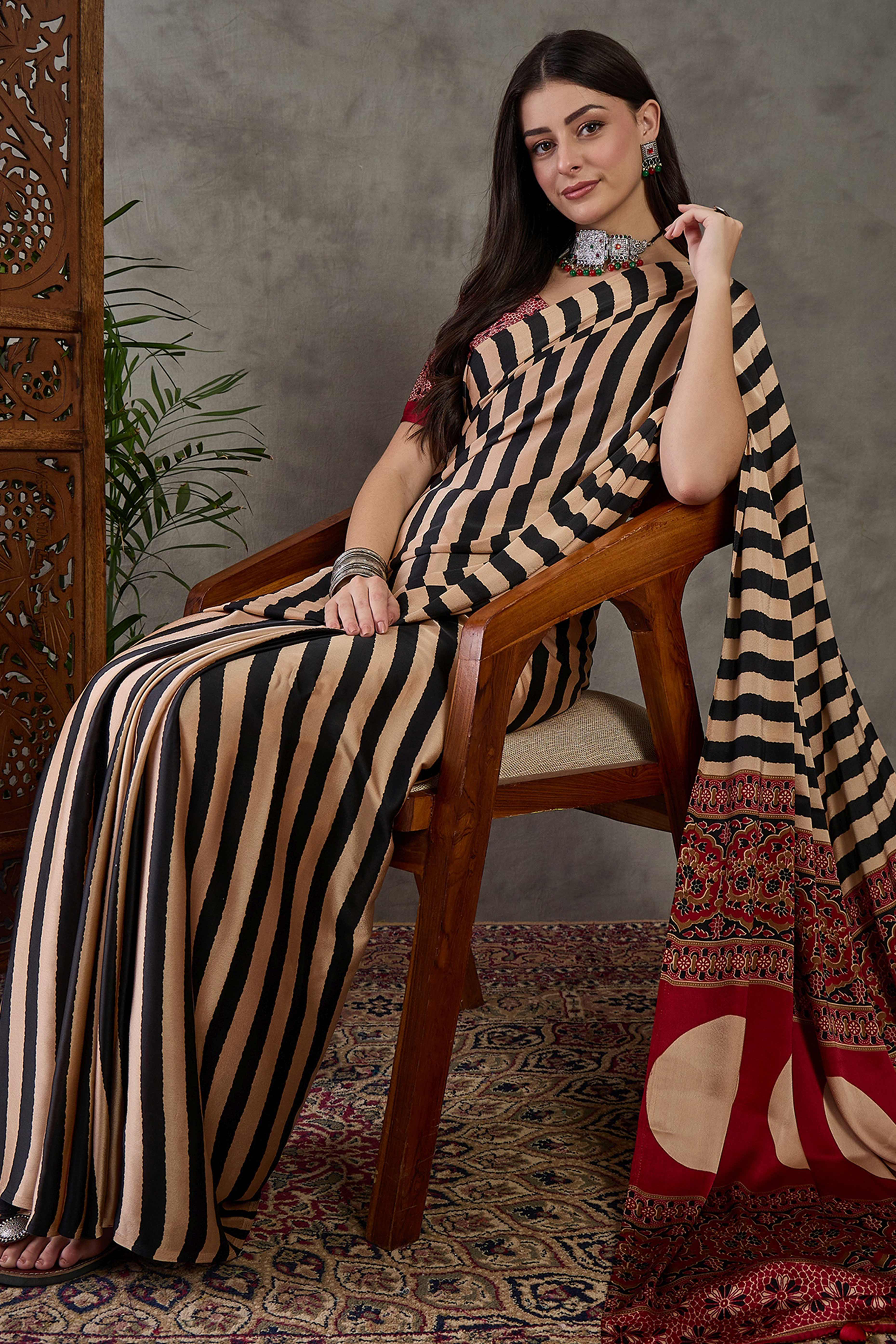 Black Modal Satin Saree with Subtle Stripe Design and Ajrakh Print on Pallu