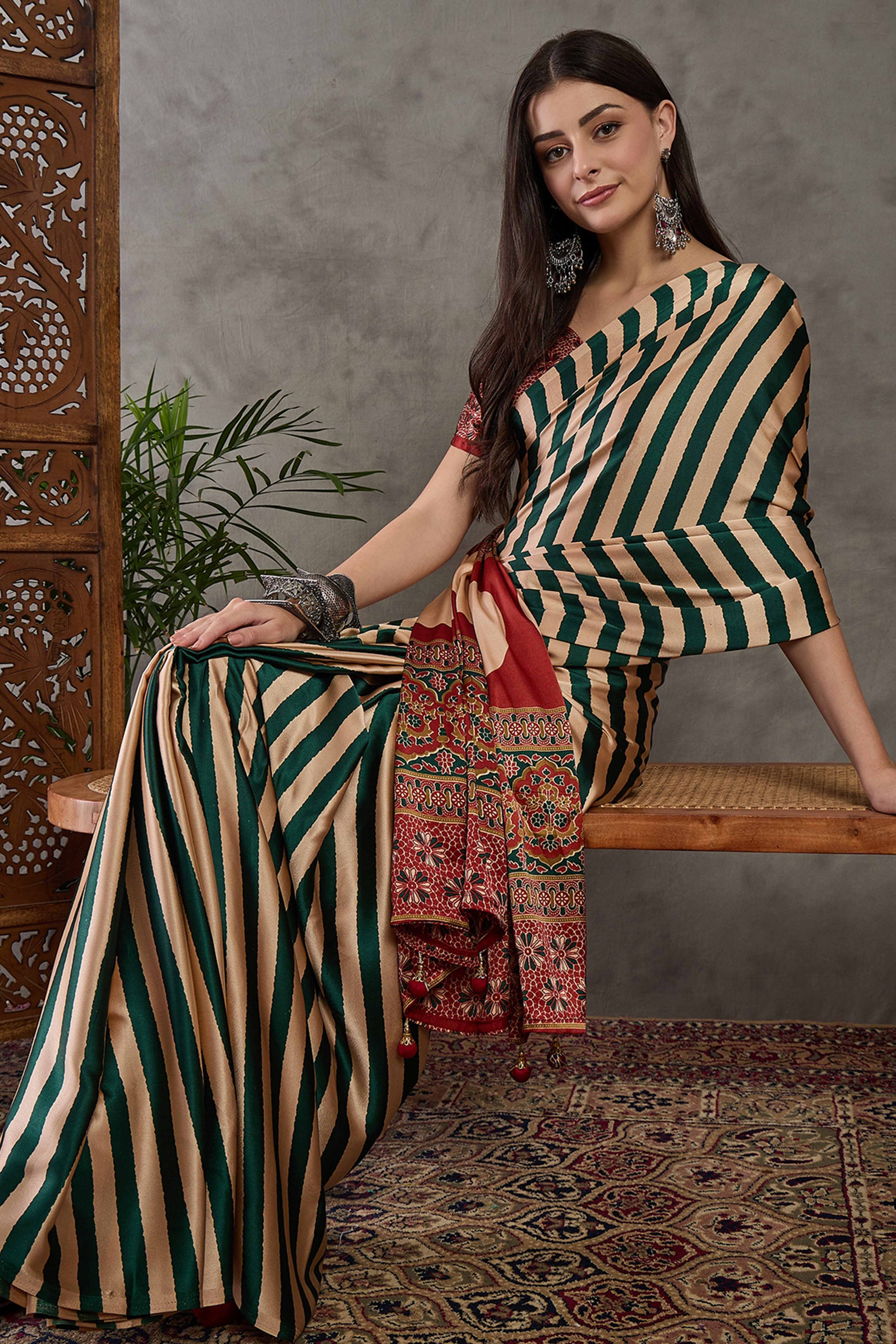 Green Modal Satin Saree with Subtle Stripe Design and Ajrakh Print on Pallu