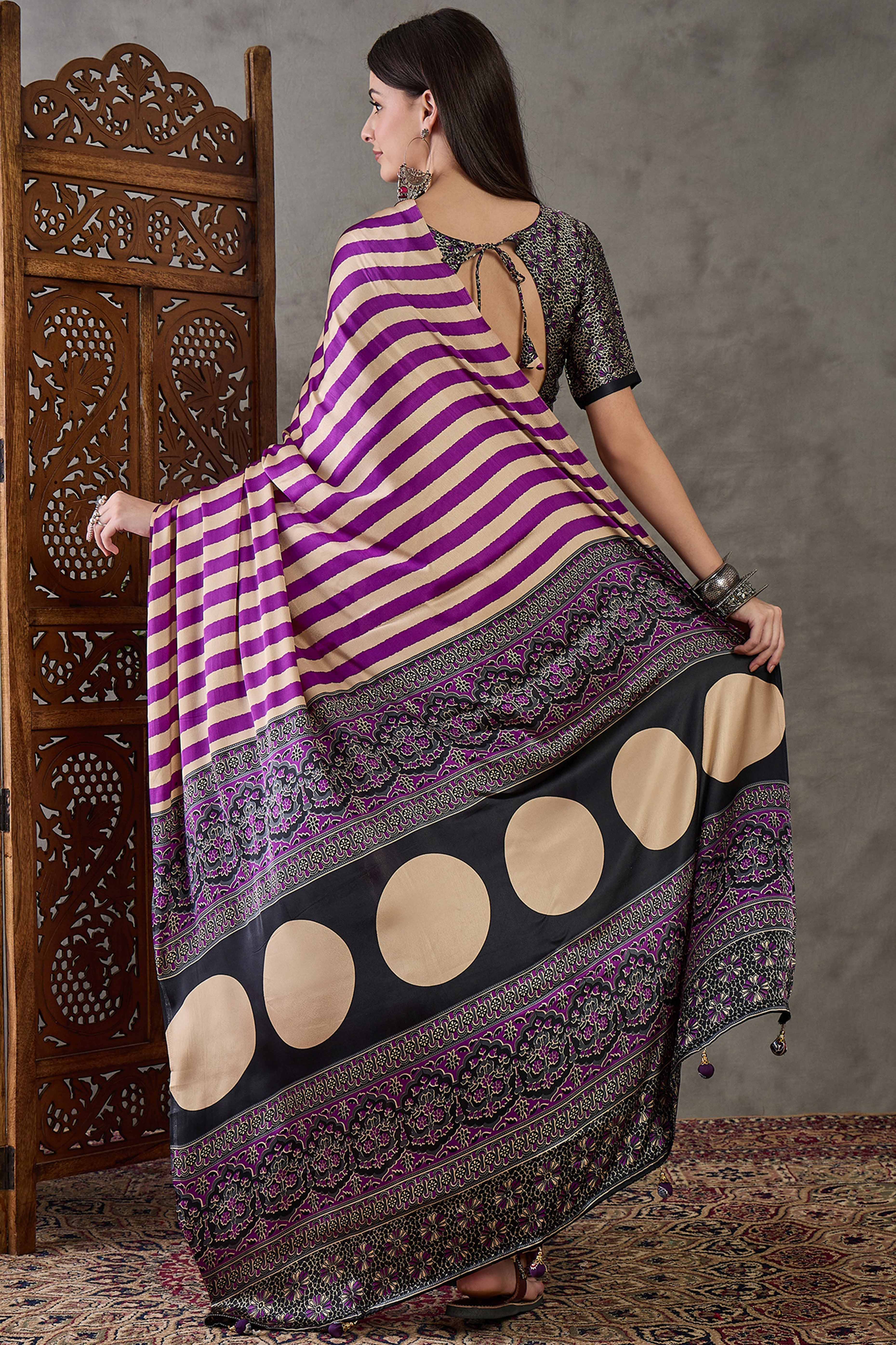 Purple Modal Satin Saree with Subtle Stripe Design and Ajrakh Print on Pallu