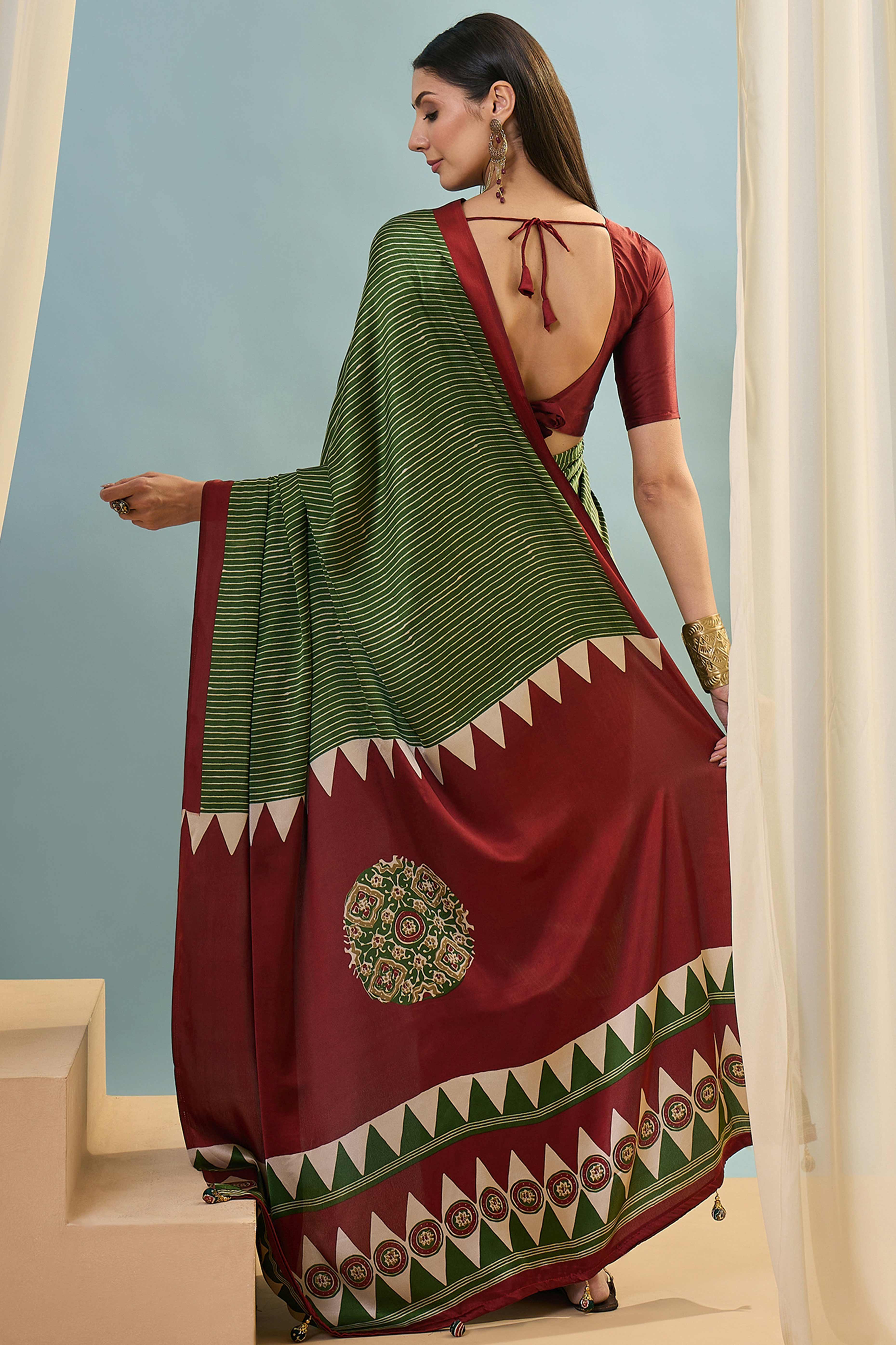 Green Ajrakh Print Satin Saree With Traditional Charm