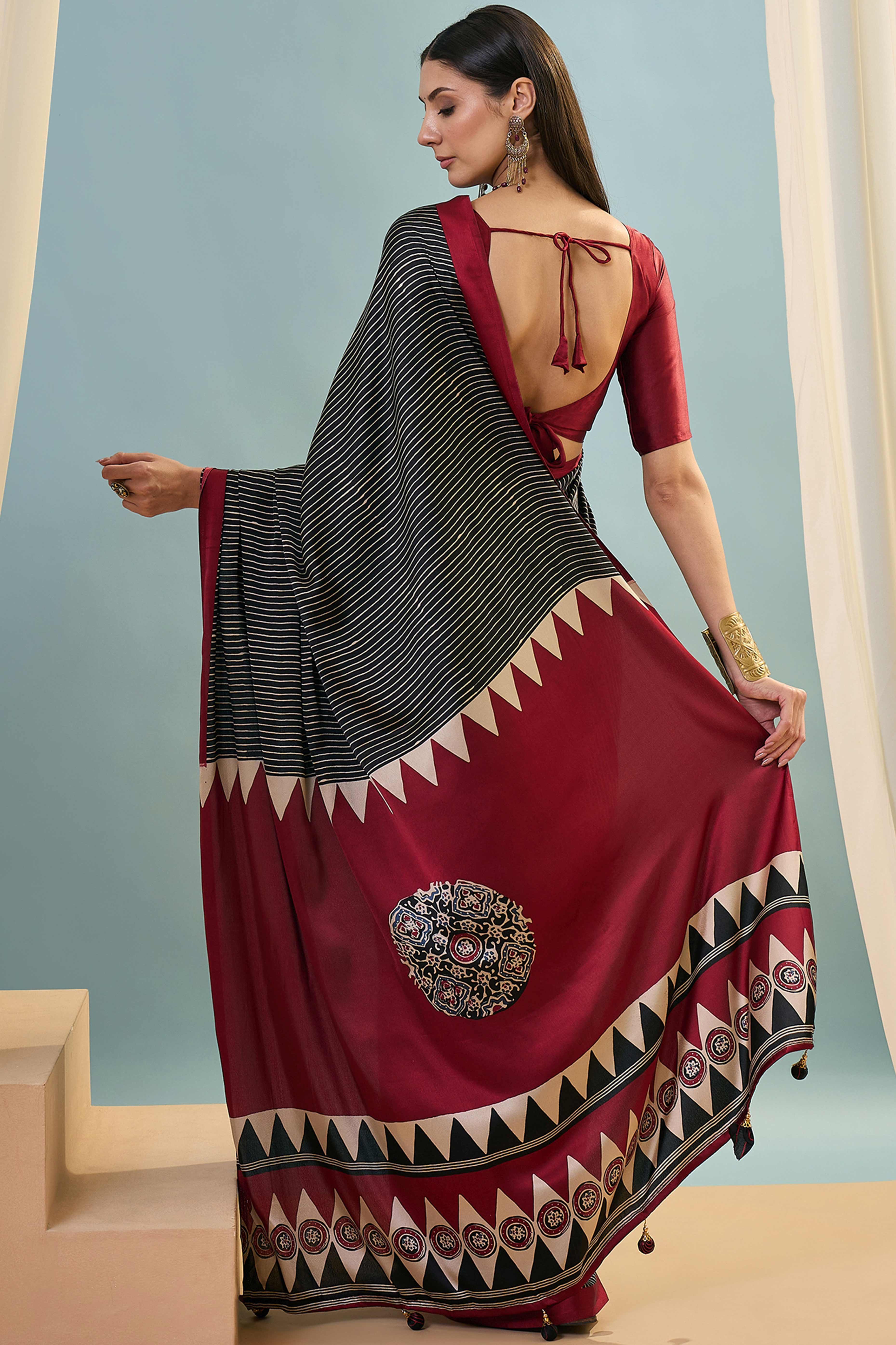 Black Ajrakh Print Satin Saree With Traditional Charm