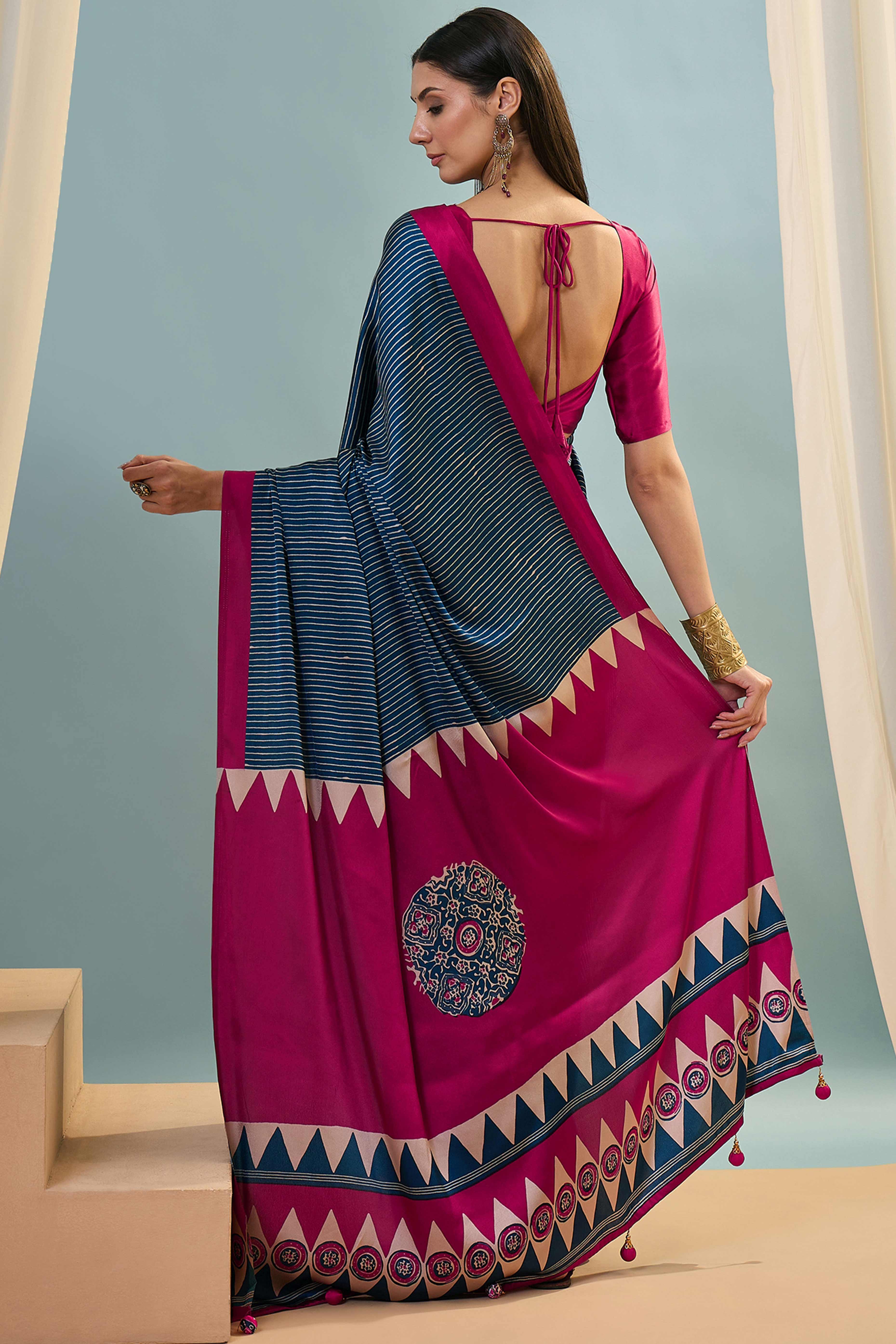 Blue Ajrakh Print Satin Saree With Traditional Charm