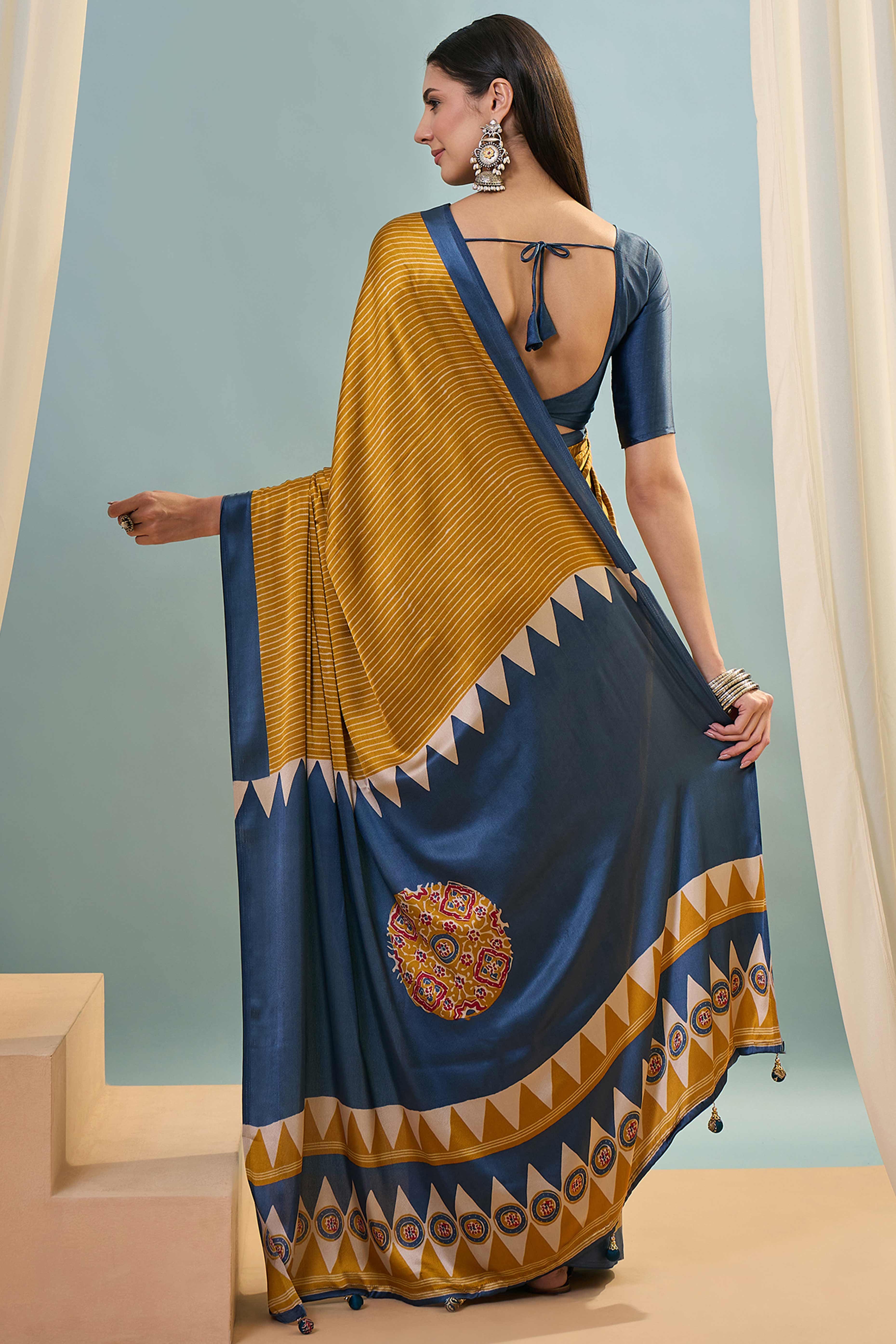 Mustard Ajrakh Print Satin Saree With Traditional Charm
