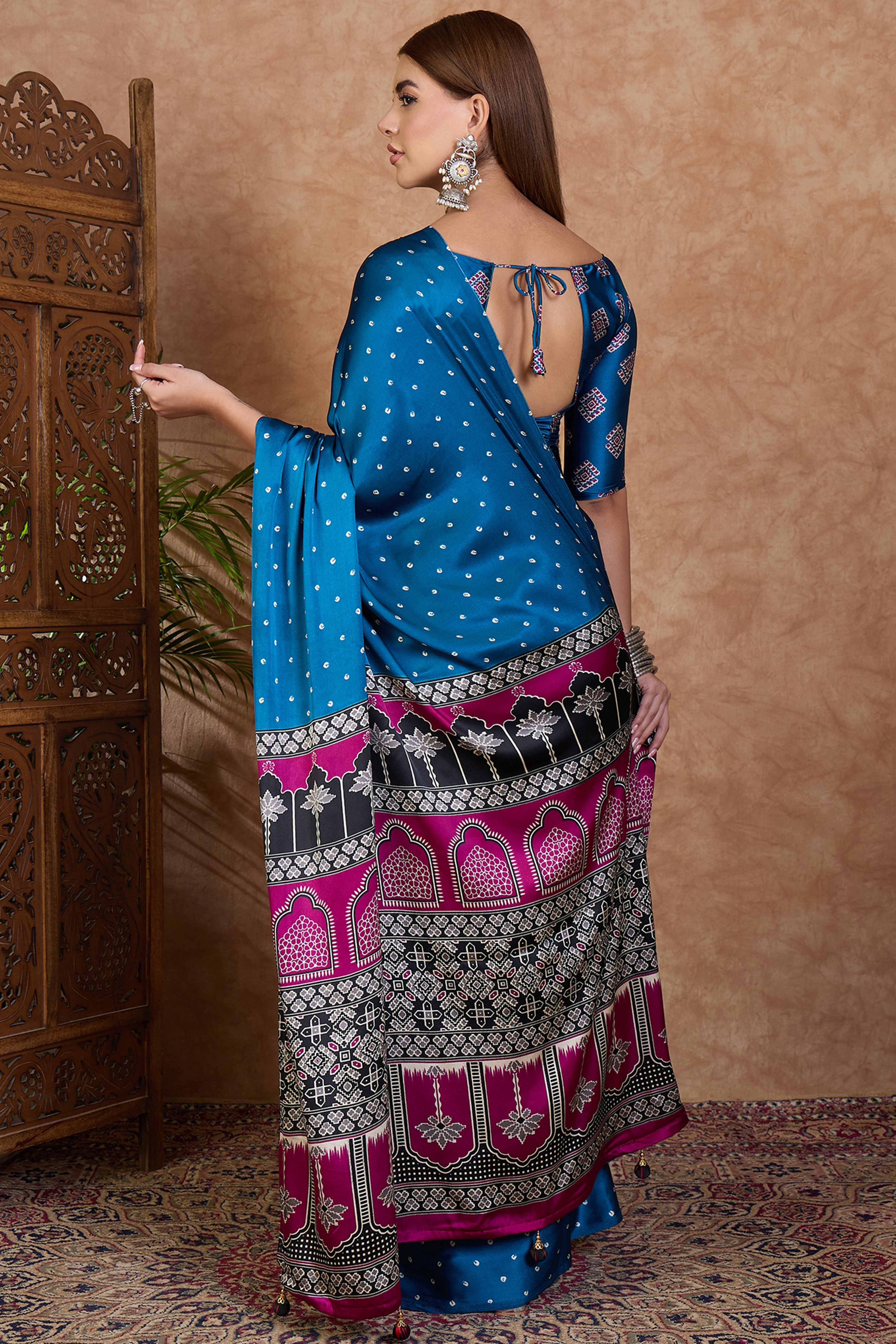 Blue Polka Dot Modal Satin Saree with Traditional Ajrakh Detailing on Pallu