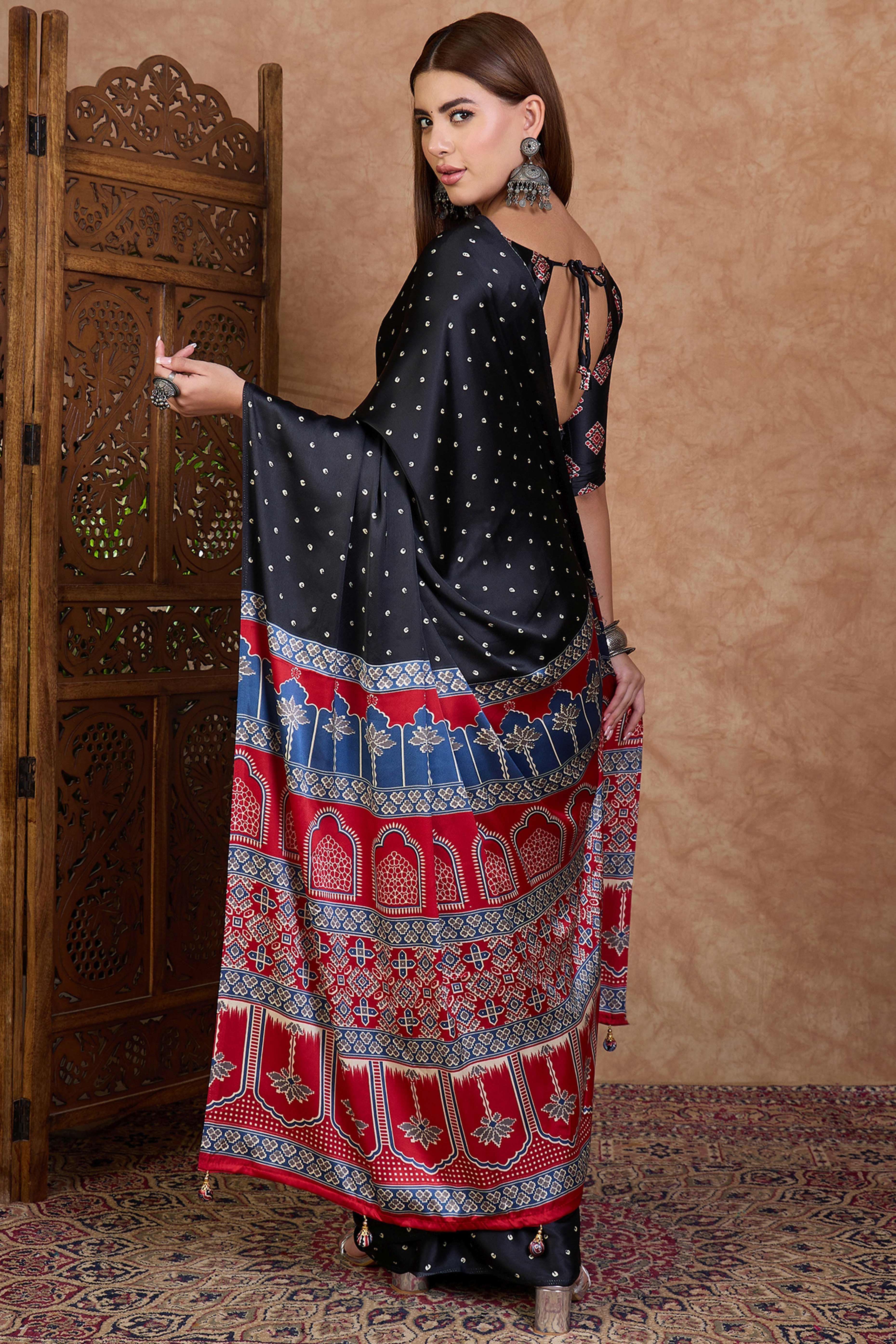 Black Polka Dot Modal Satin Saree with Traditional Ajrakh Detailing on Pallu