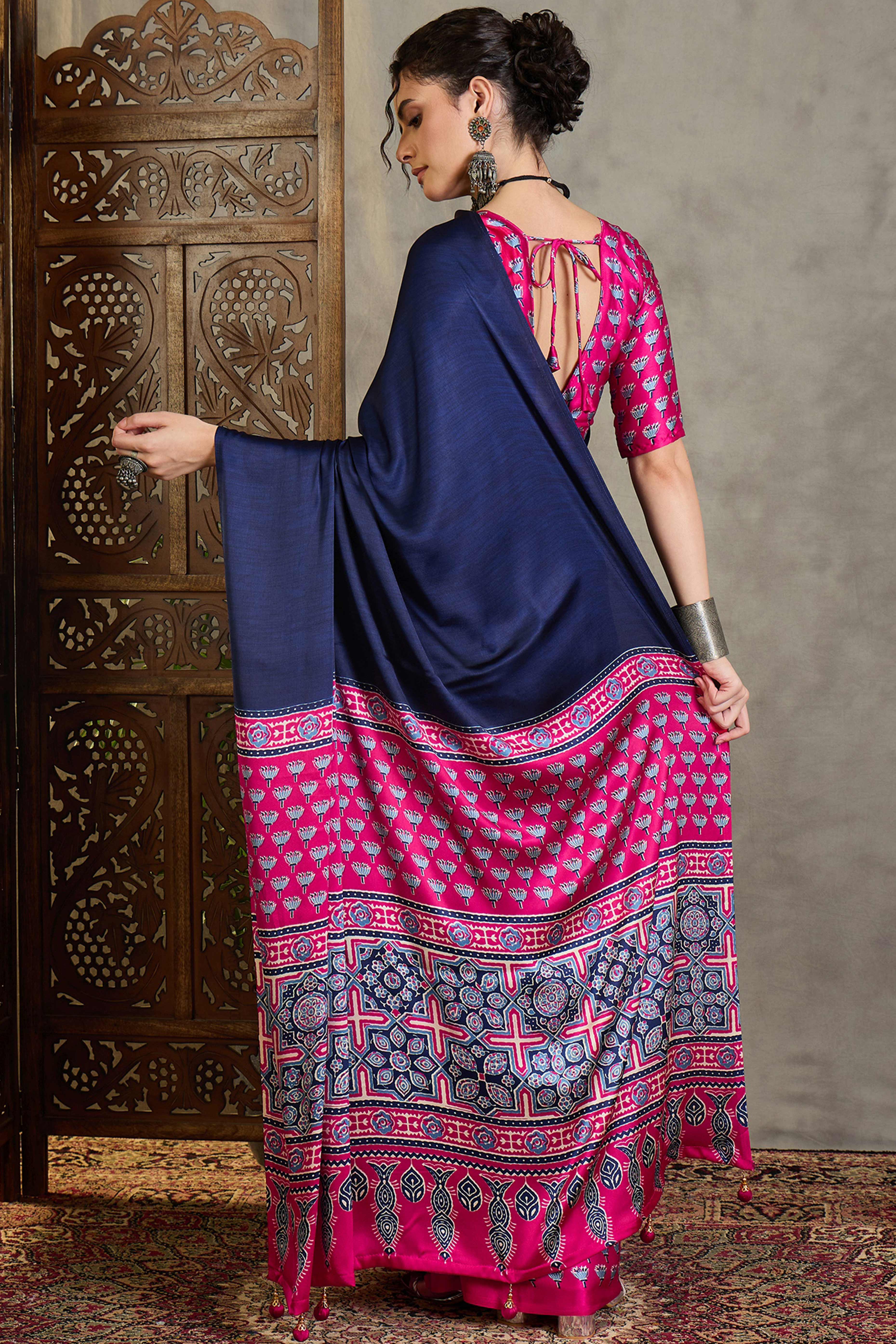 Pink Solid Modal Satin Saree Highlighted with Classic Ajrakh Pallu Design