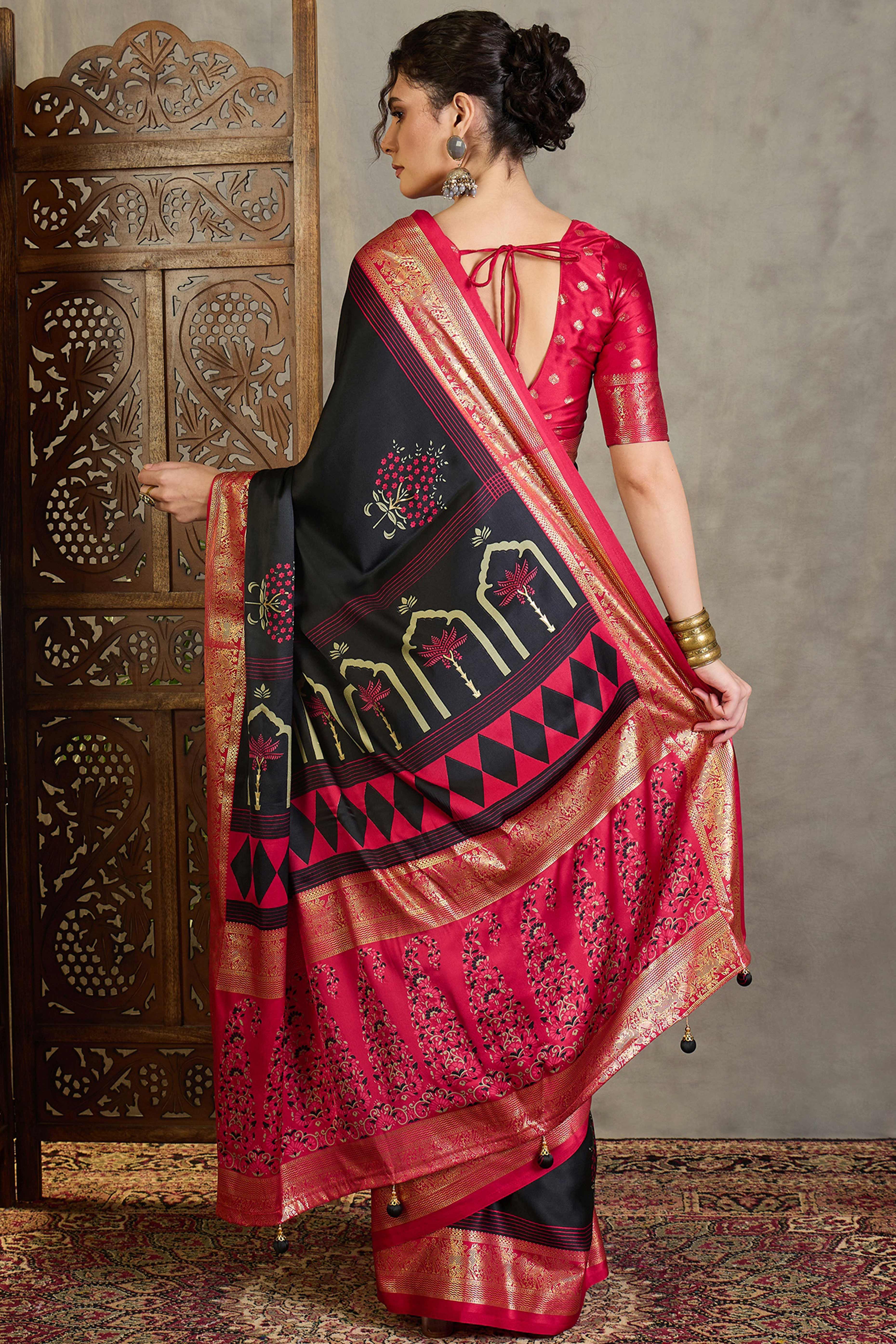 Black Floral Printed Modal Satin Saree with Traditional Zari Detailing