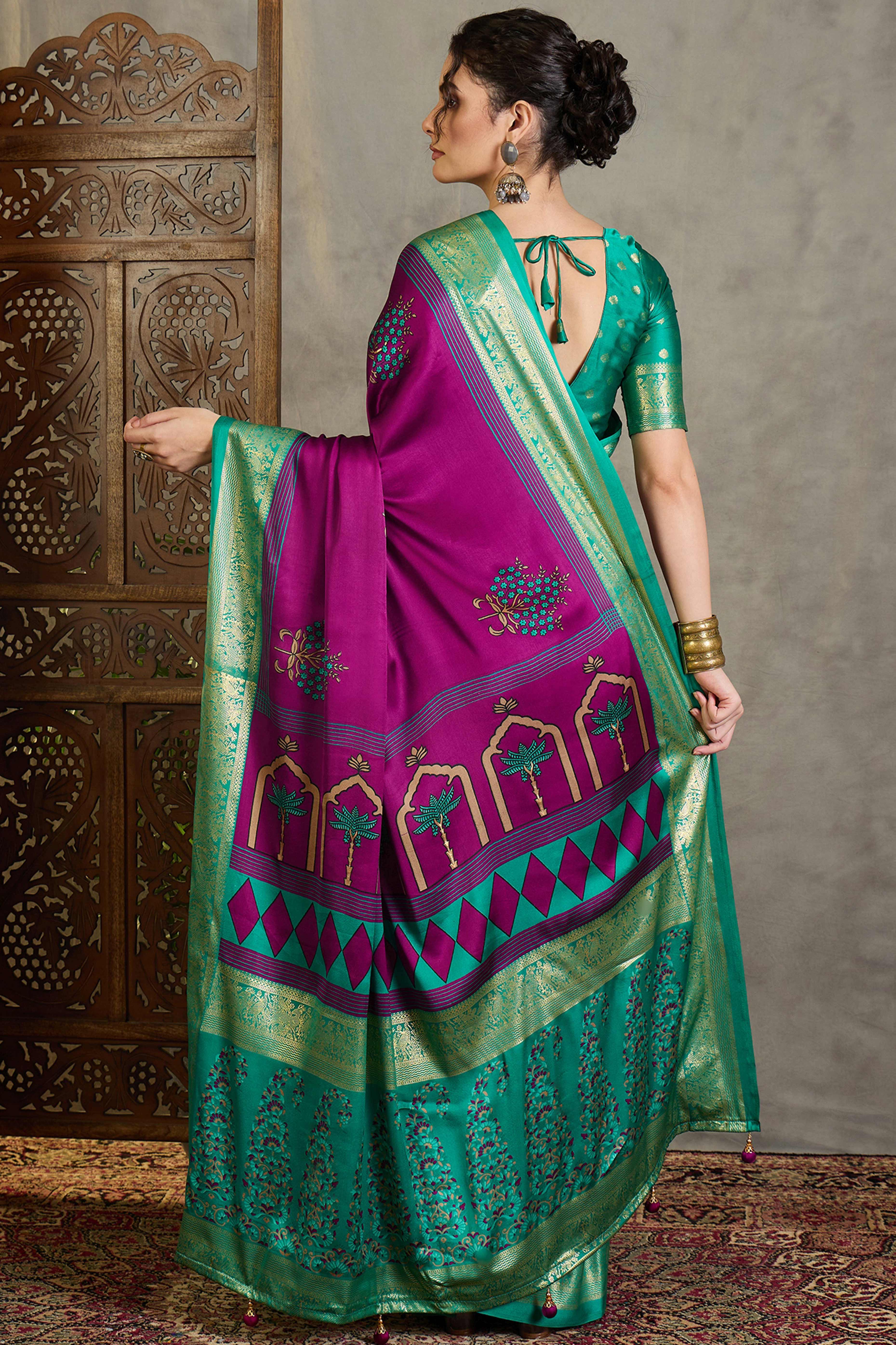 Magenta Floral Printed Modal Satin Saree with Traditional Zari Detailing