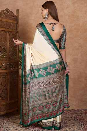 Cream & Green Modal Satin Saree Featuring a Solid Base and Artisanal Ajrakh Pallu