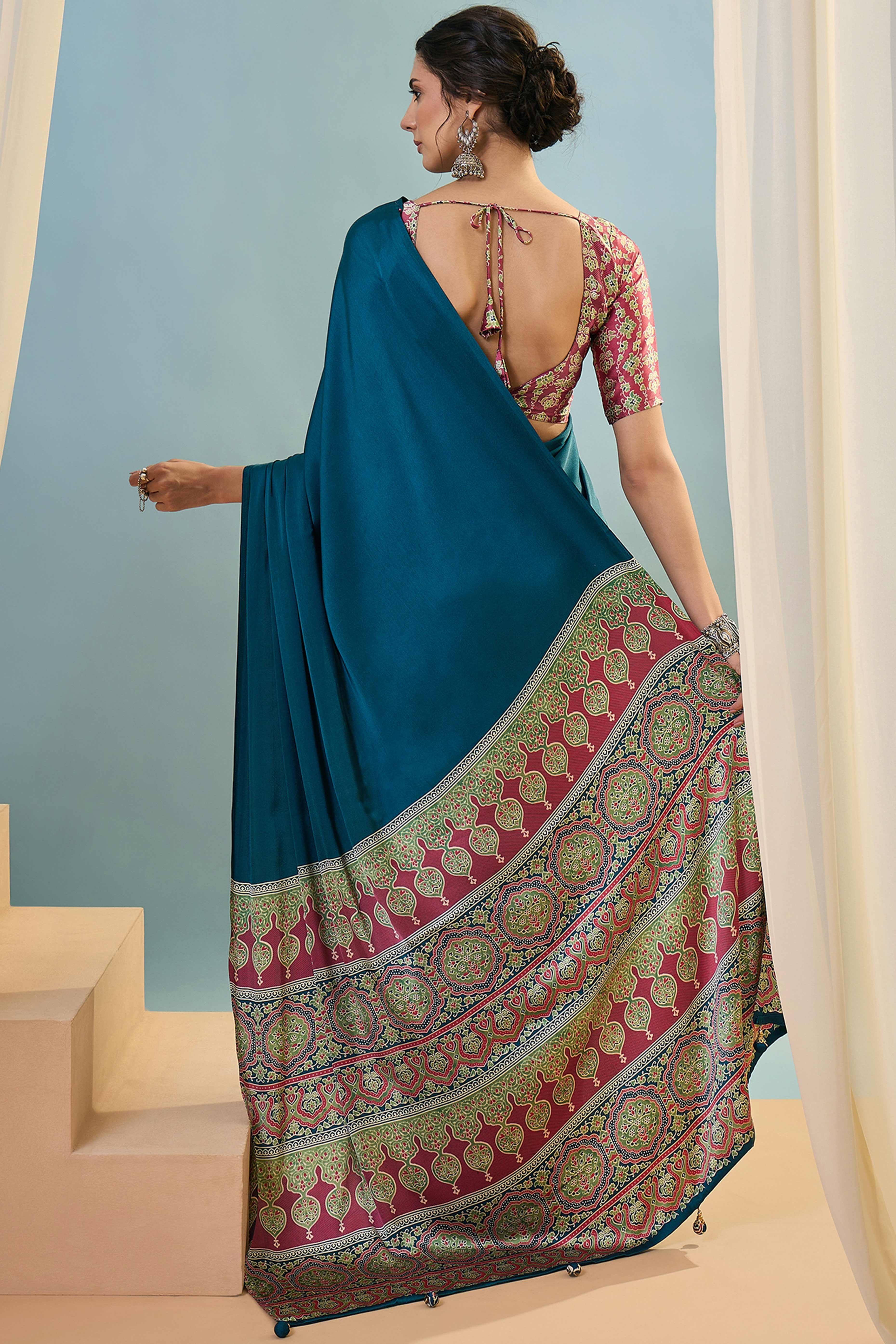 Blue Solid Modal Satin Saree Highlighted With Classic Ajrakh Pallu Design