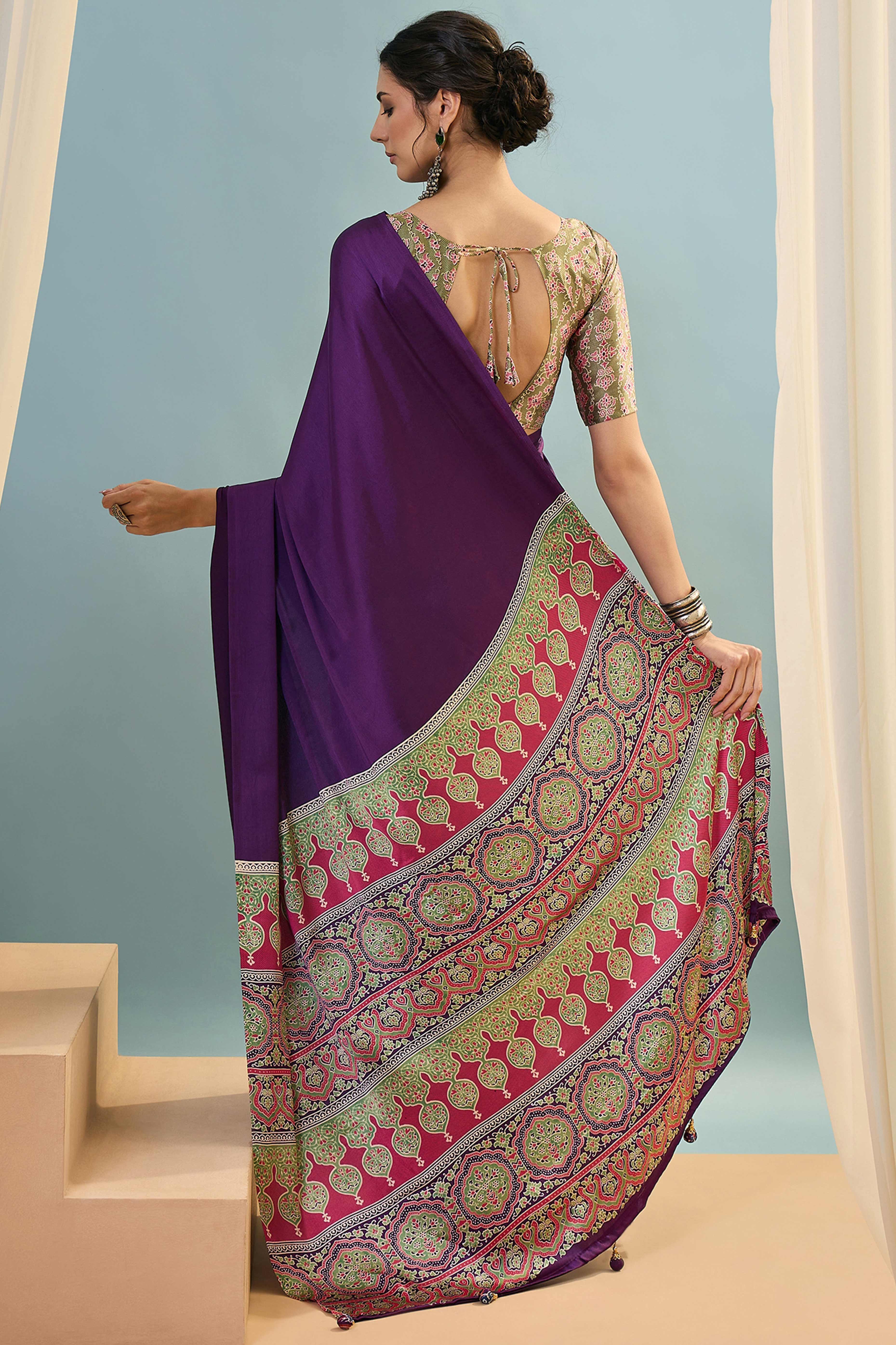 Purple Solid Modal Satin Saree Highlighted With Classic Ajrakh Pallu Design