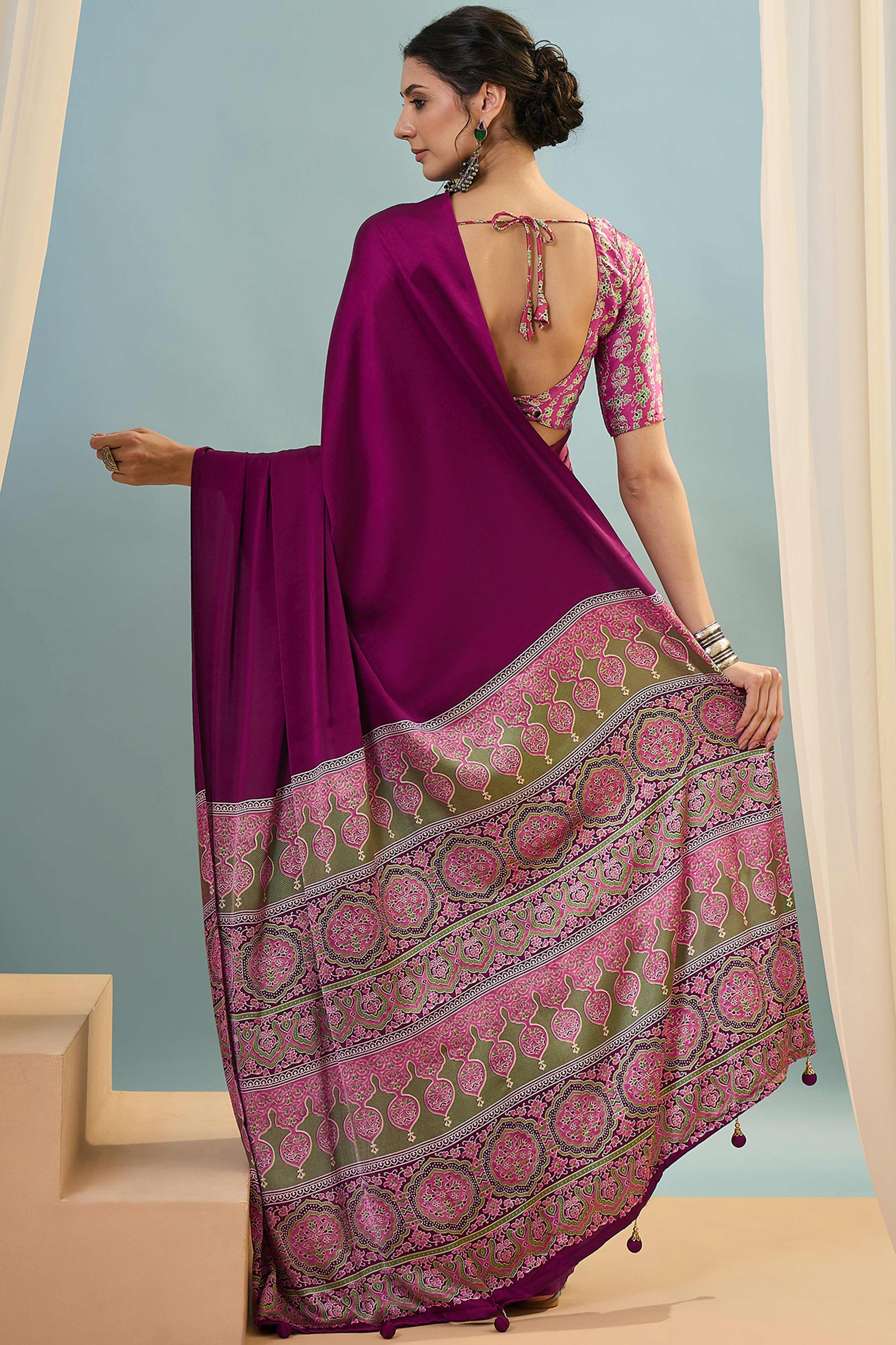 Magenta Solid Modal Satin Saree Highlighted With Classic Ajrakh Pallu Design