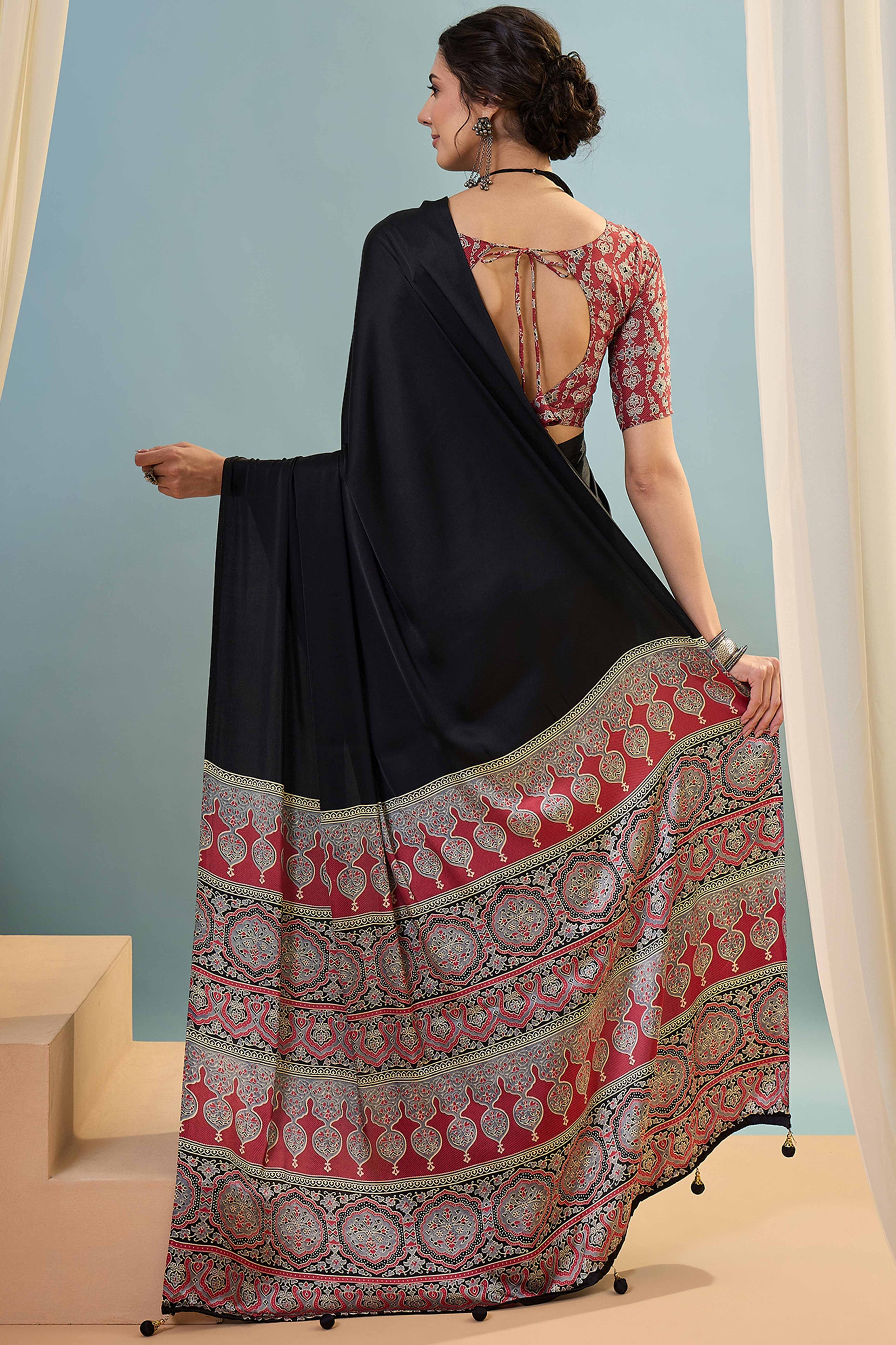 Black Solid Modal Satin Saree Highlighted With Classic Ajrakh Pallu Design