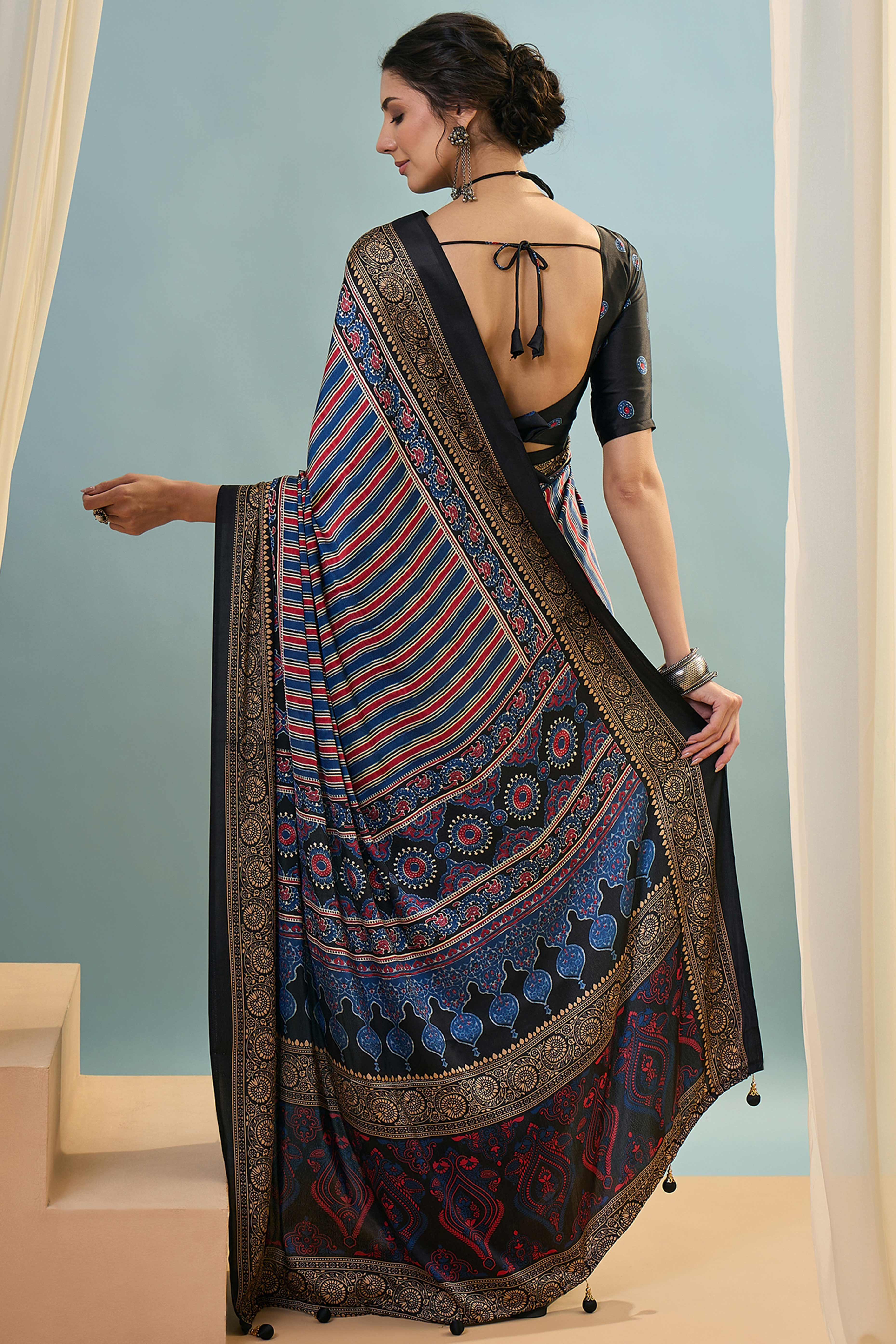 Modern Black Striped Printed Modal Satin Saree with Luxurious Flow and Shine