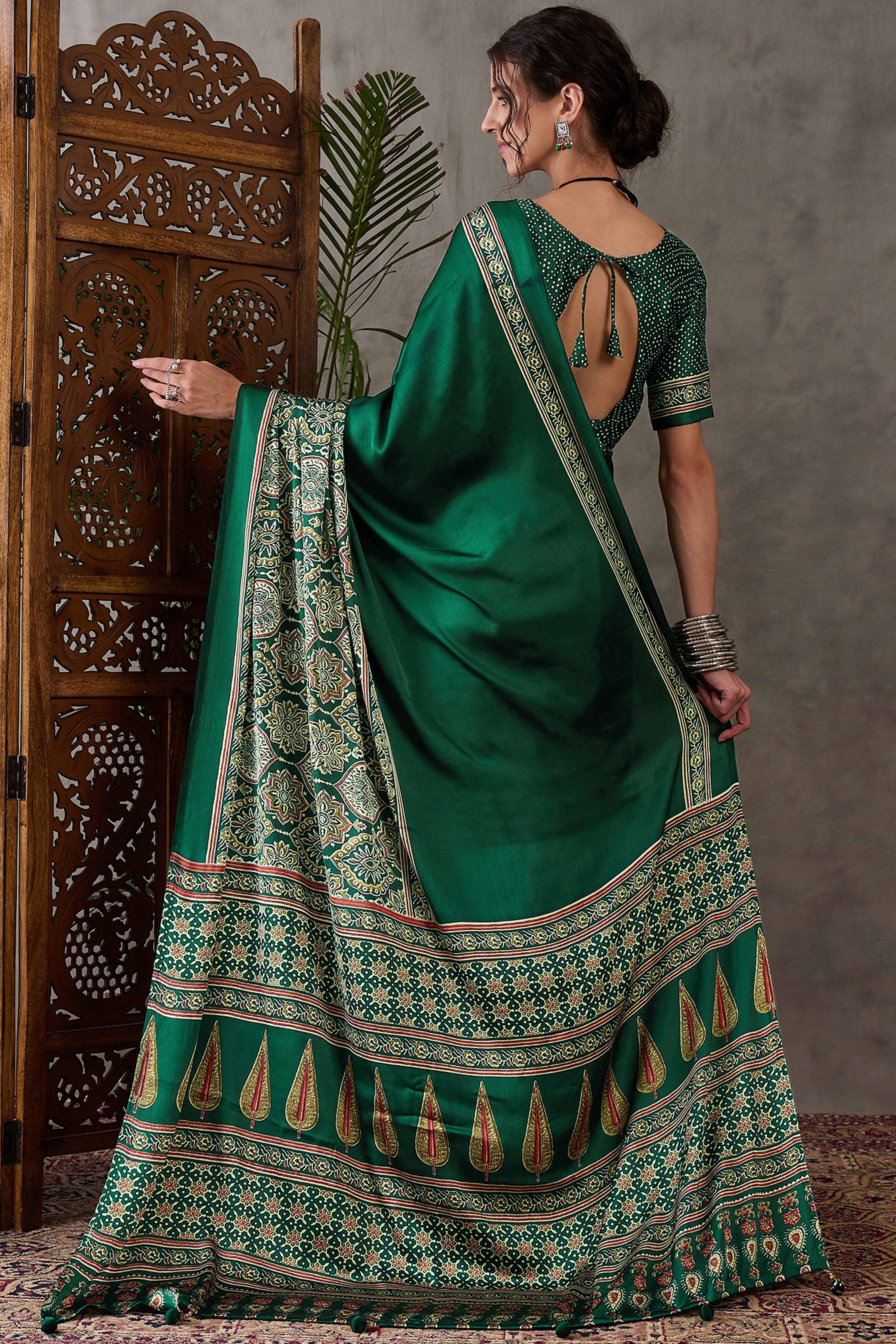 Green Ajrakh Printed Modal Satin Saree with Rich Party Wear Look