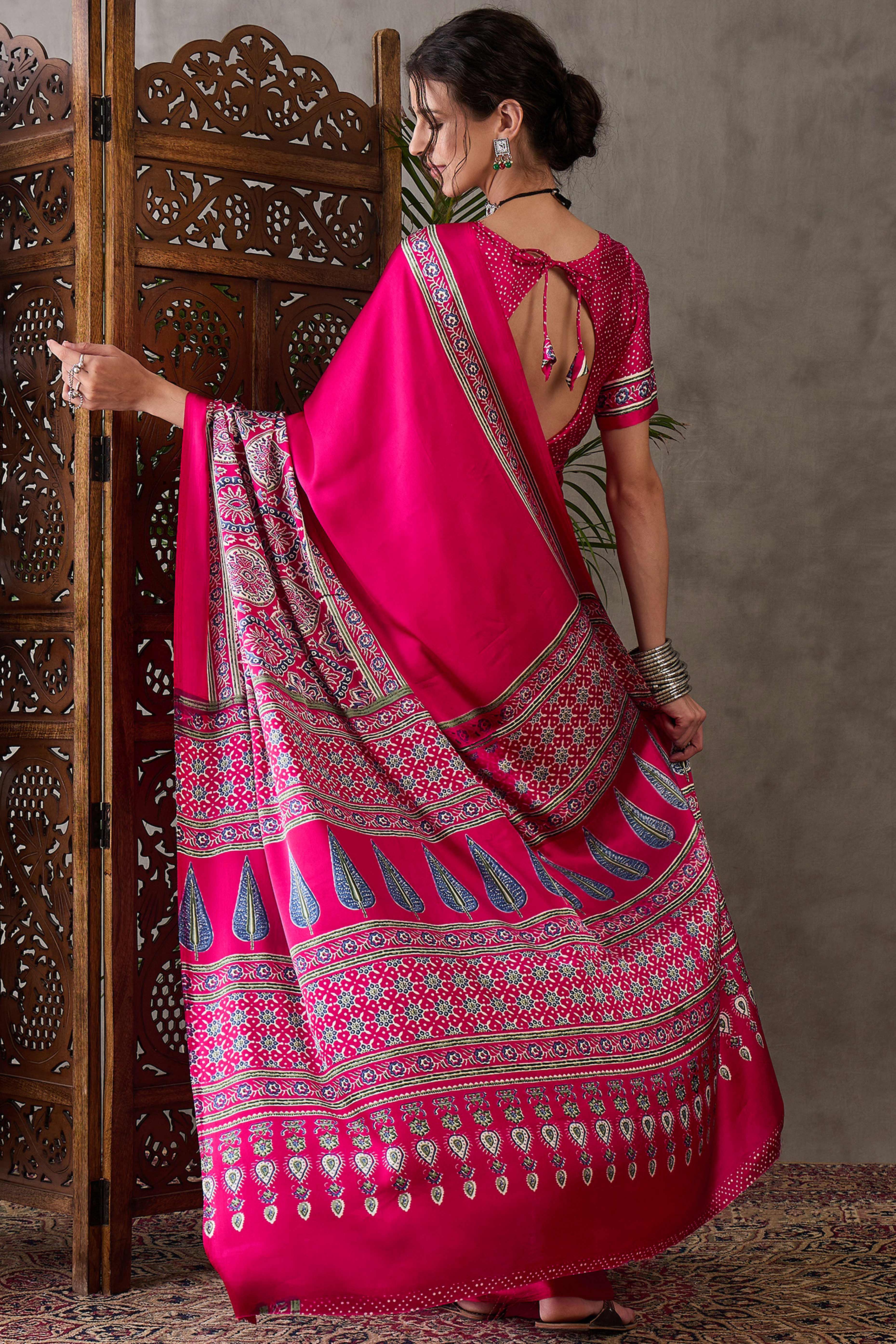 Pink Ajrakh Printed Modal Satin Saree with Rich Party Wear Look