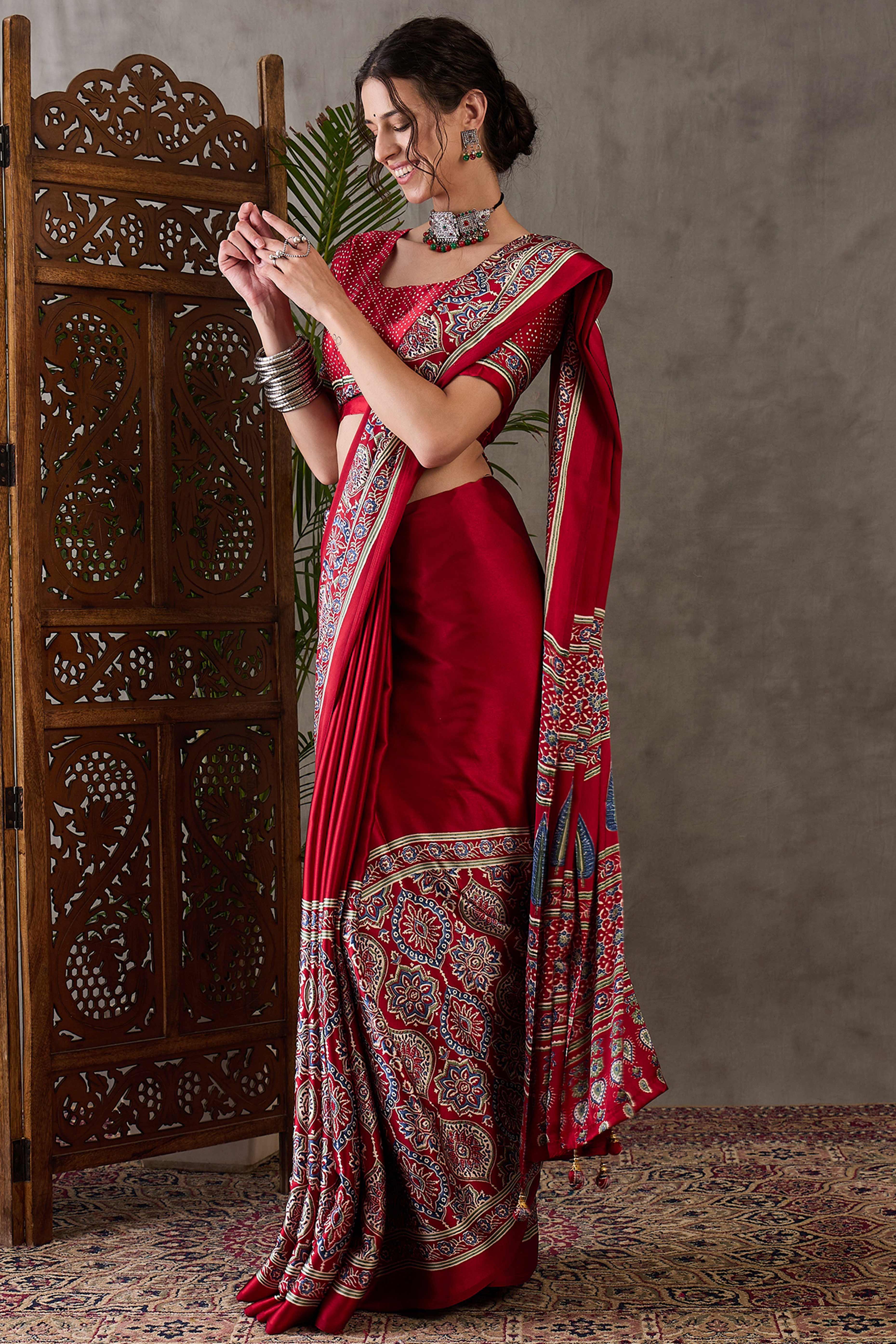 Red Ajrakh Printed Modal Satin Saree with Rich Party Wear Look