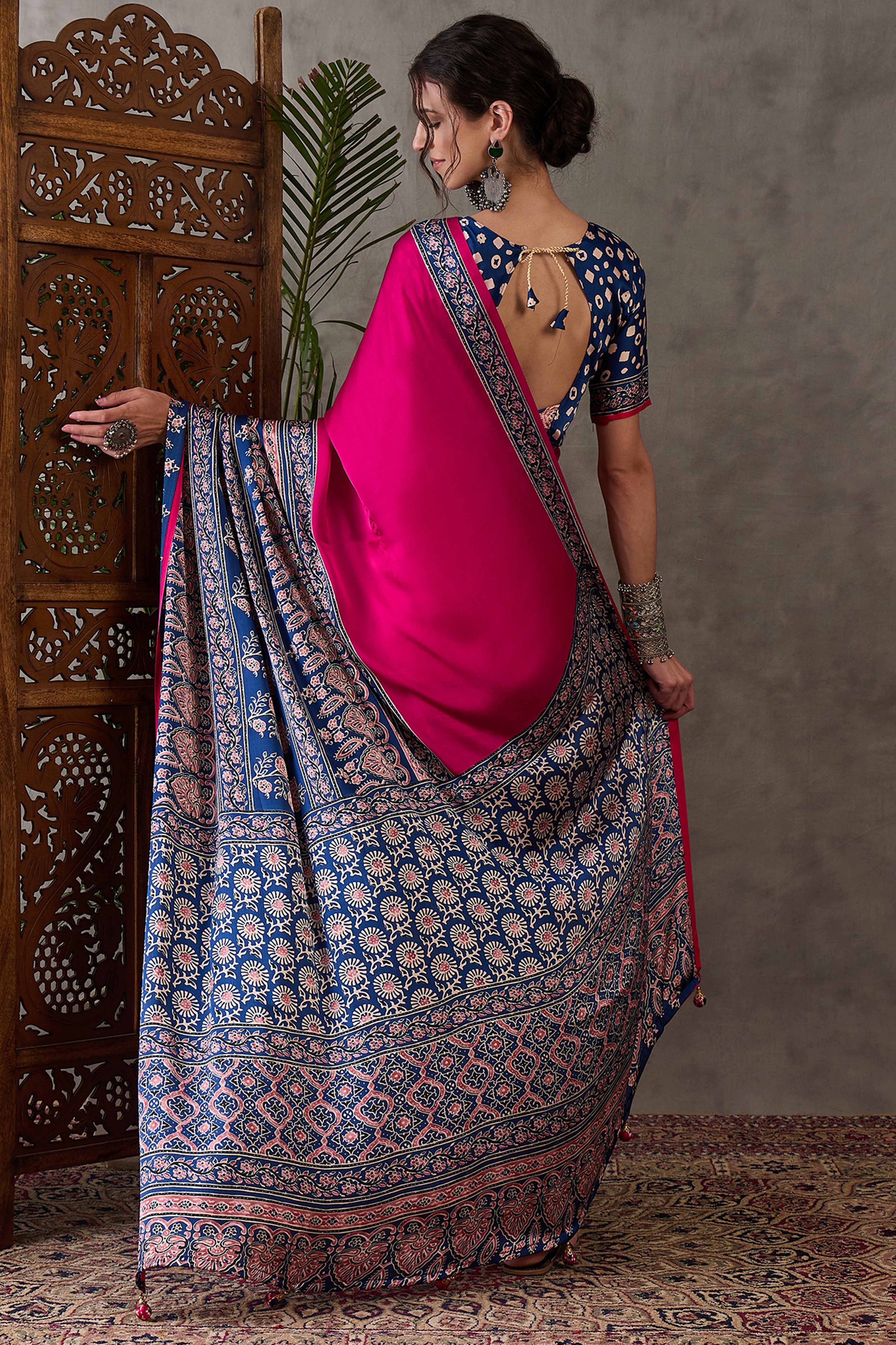 Pink & Blue Ajrakh Printed Modal Satin Saree with Elegant Party Wear Appeal