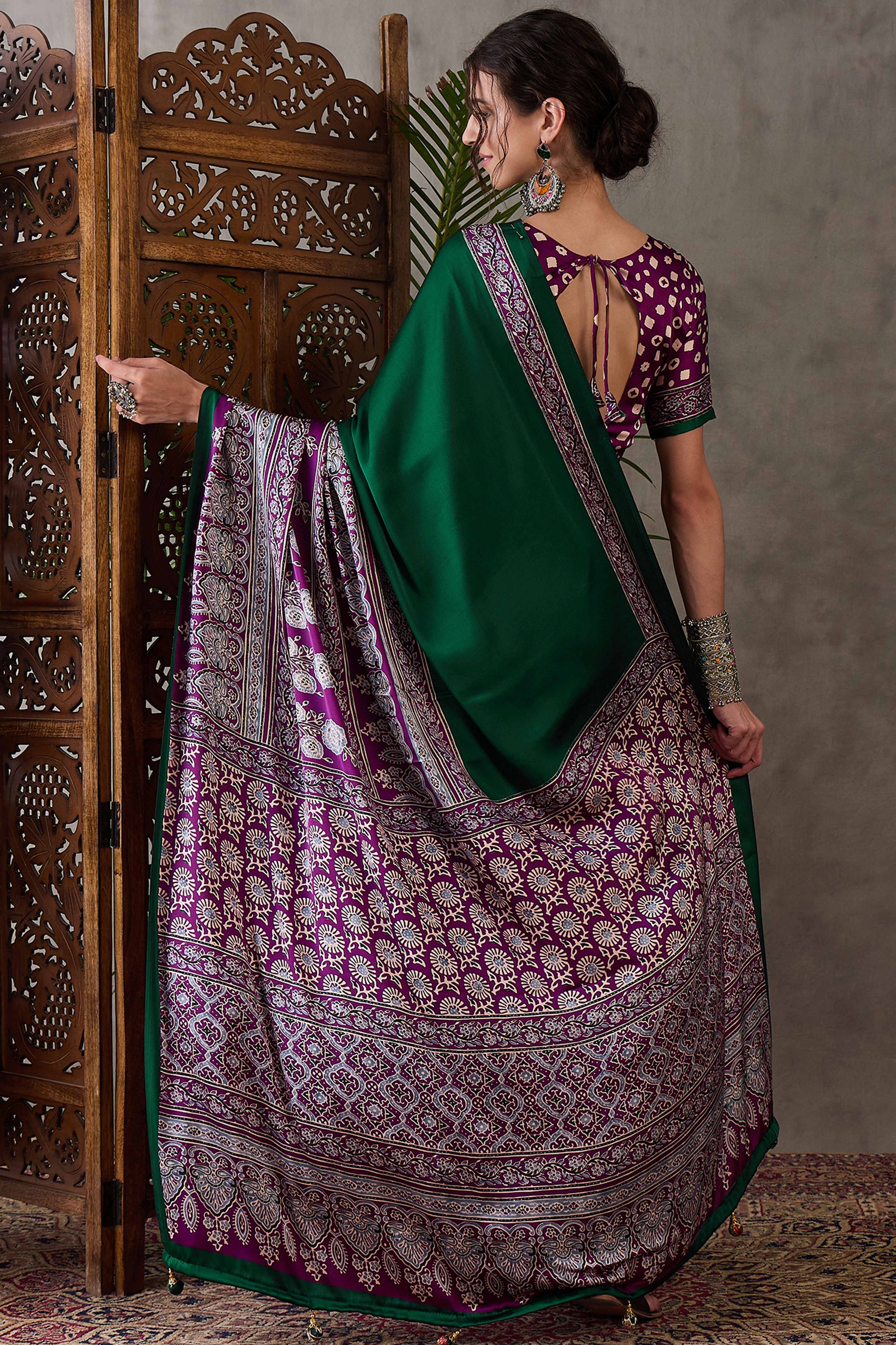 Green & Purple Ajrakh Printed Modal Satin Saree with Elegant Party Wear Appeal