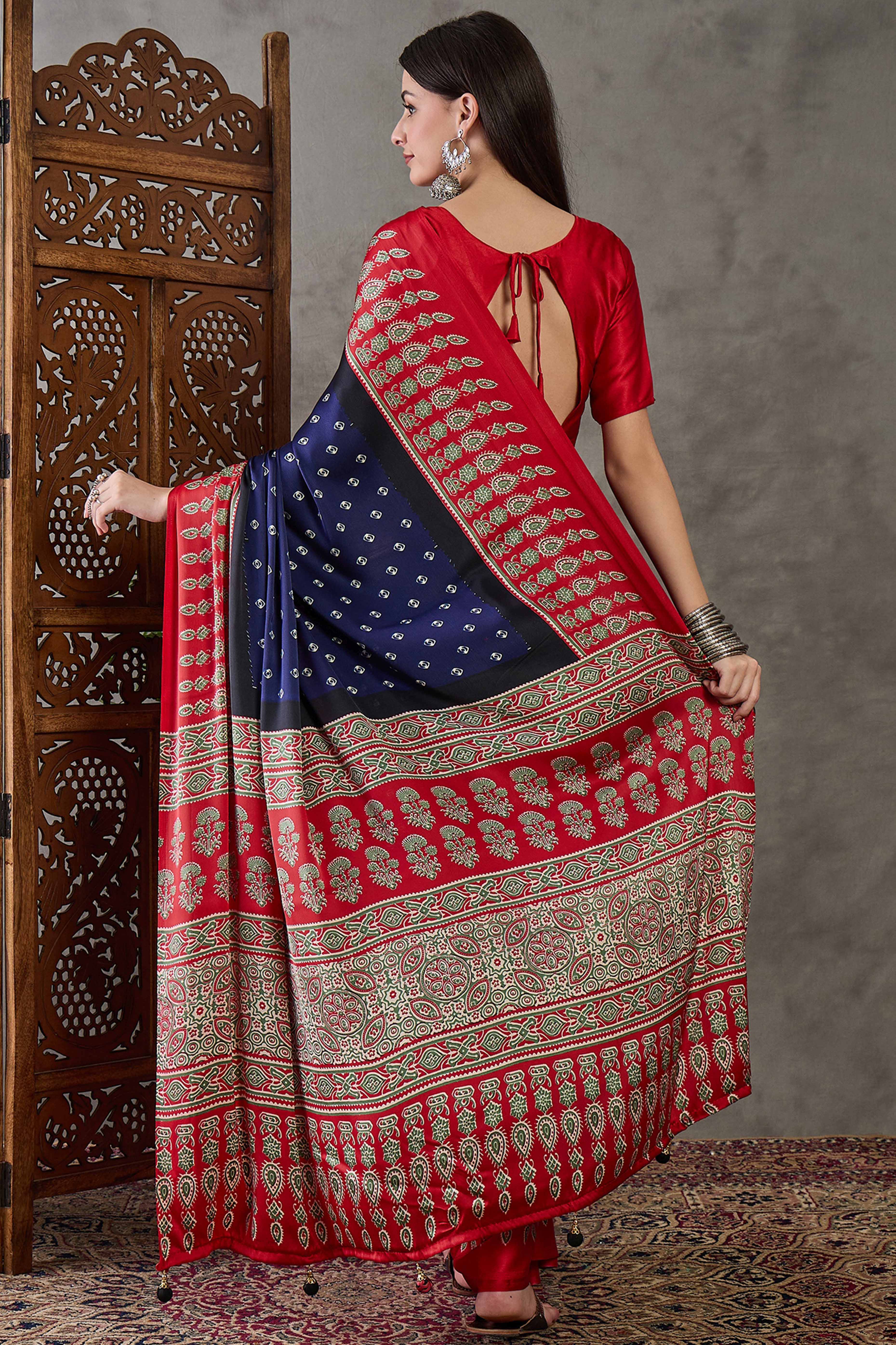 Blue Ajrakh Printed Modal Satin Saree with Traditional Ajrakh Charm