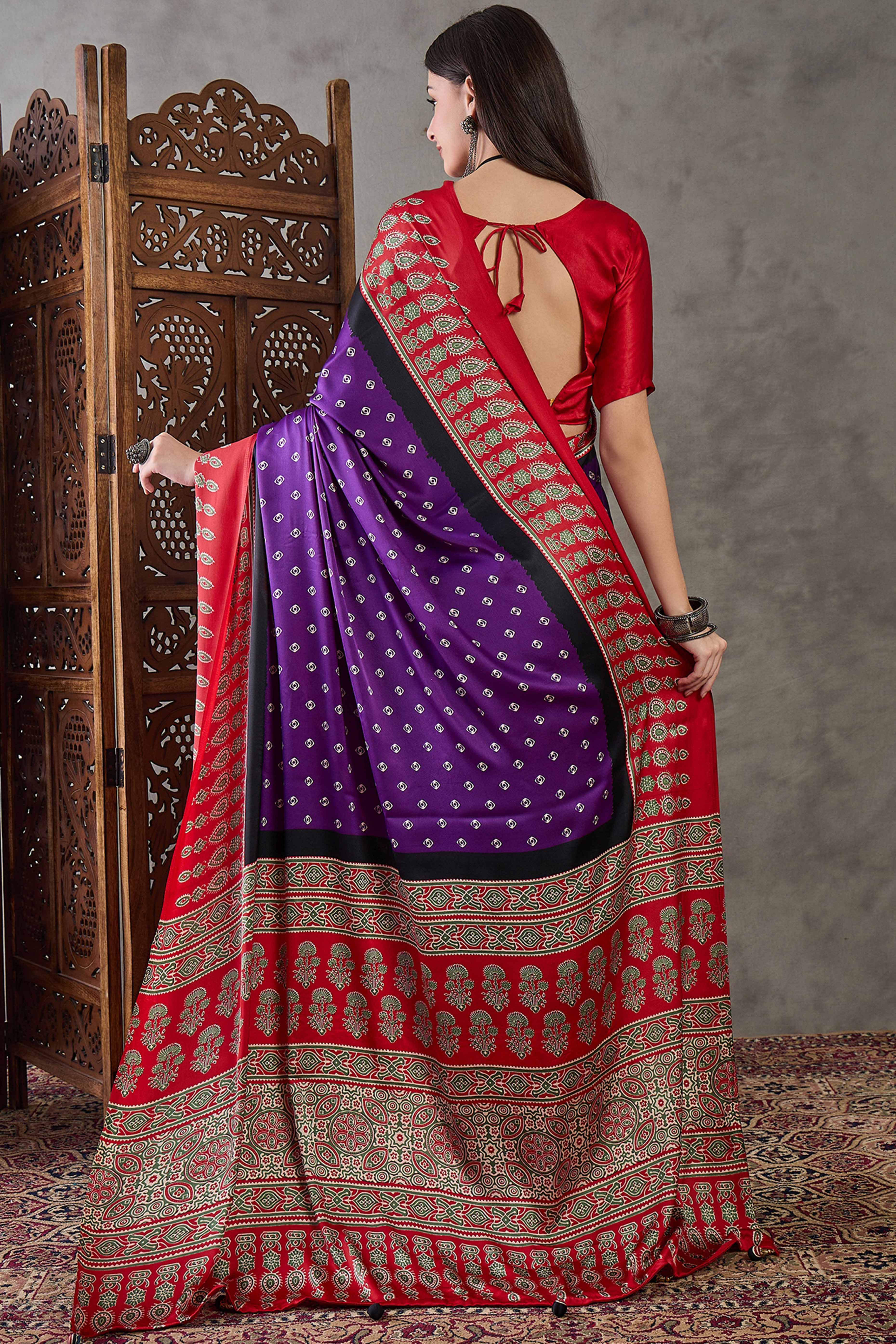 Purple Ajrakh Printed Modal Satin Saree with Traditional Ajrakh Charm