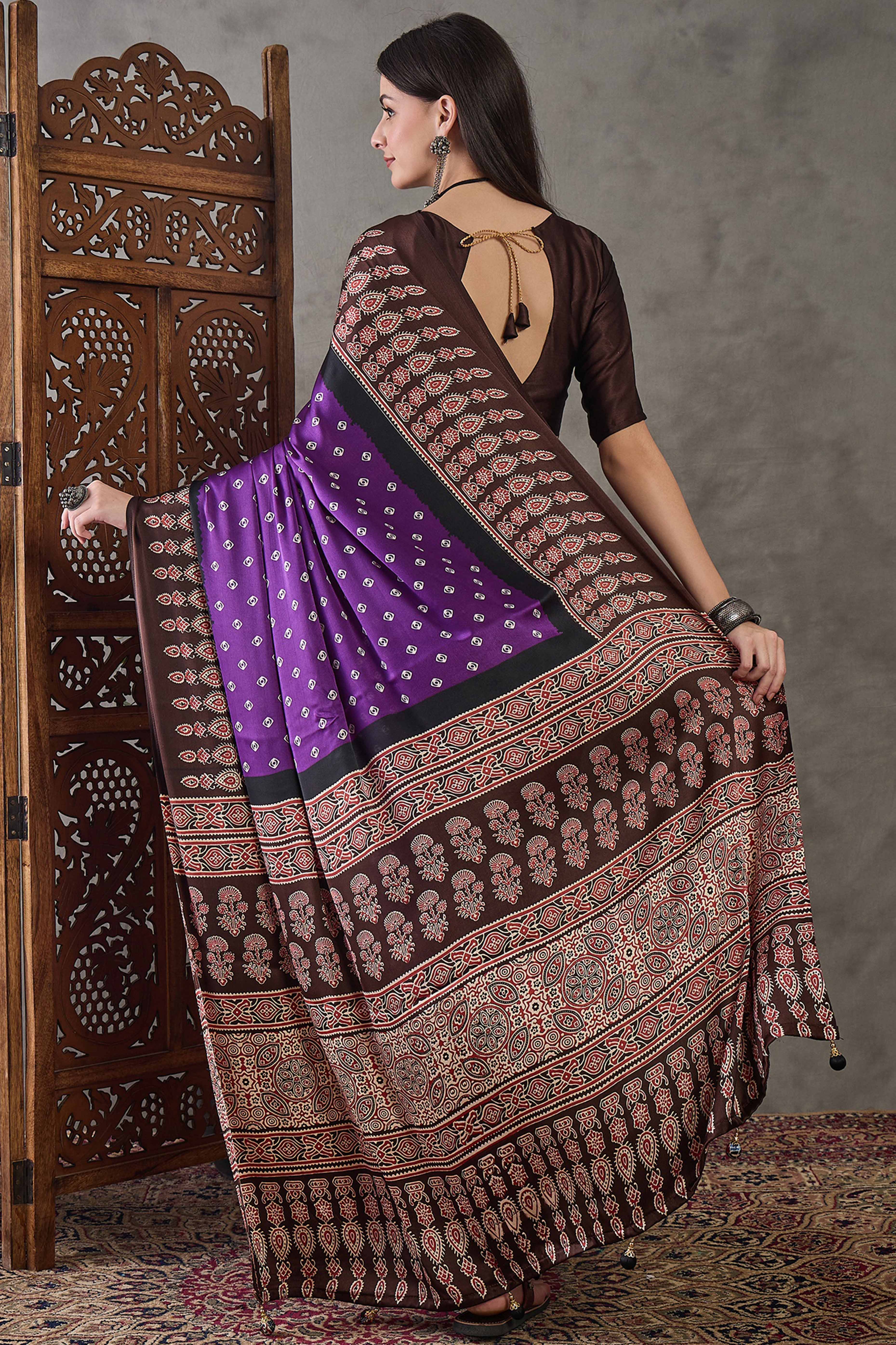 Violet Ajrakh Printed Modal Satin Saree with Traditional Ajrakh Charm