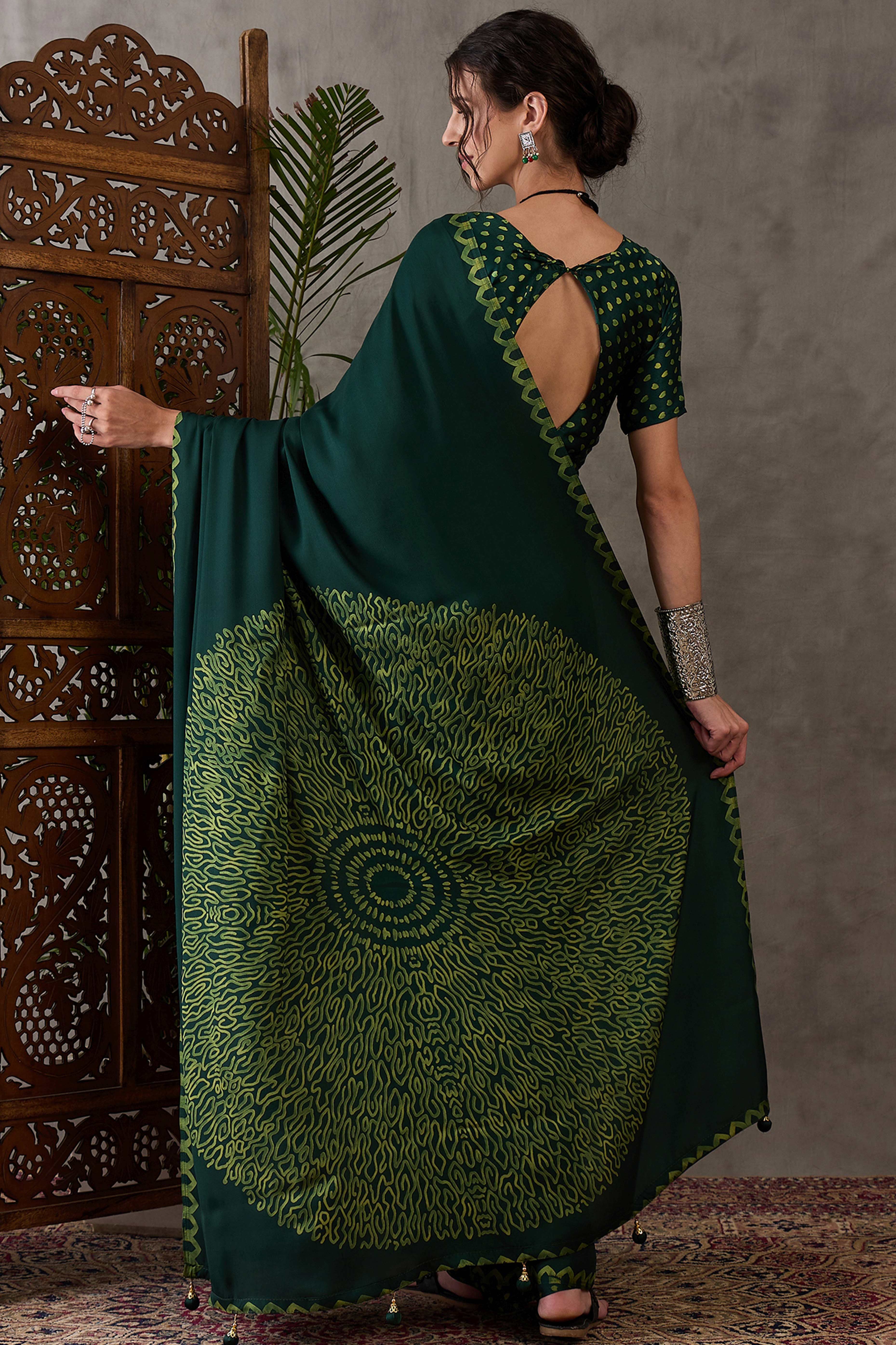 Green Free Style Printed Modal Satin Party Wear Saree with a Smooth Satin Drape