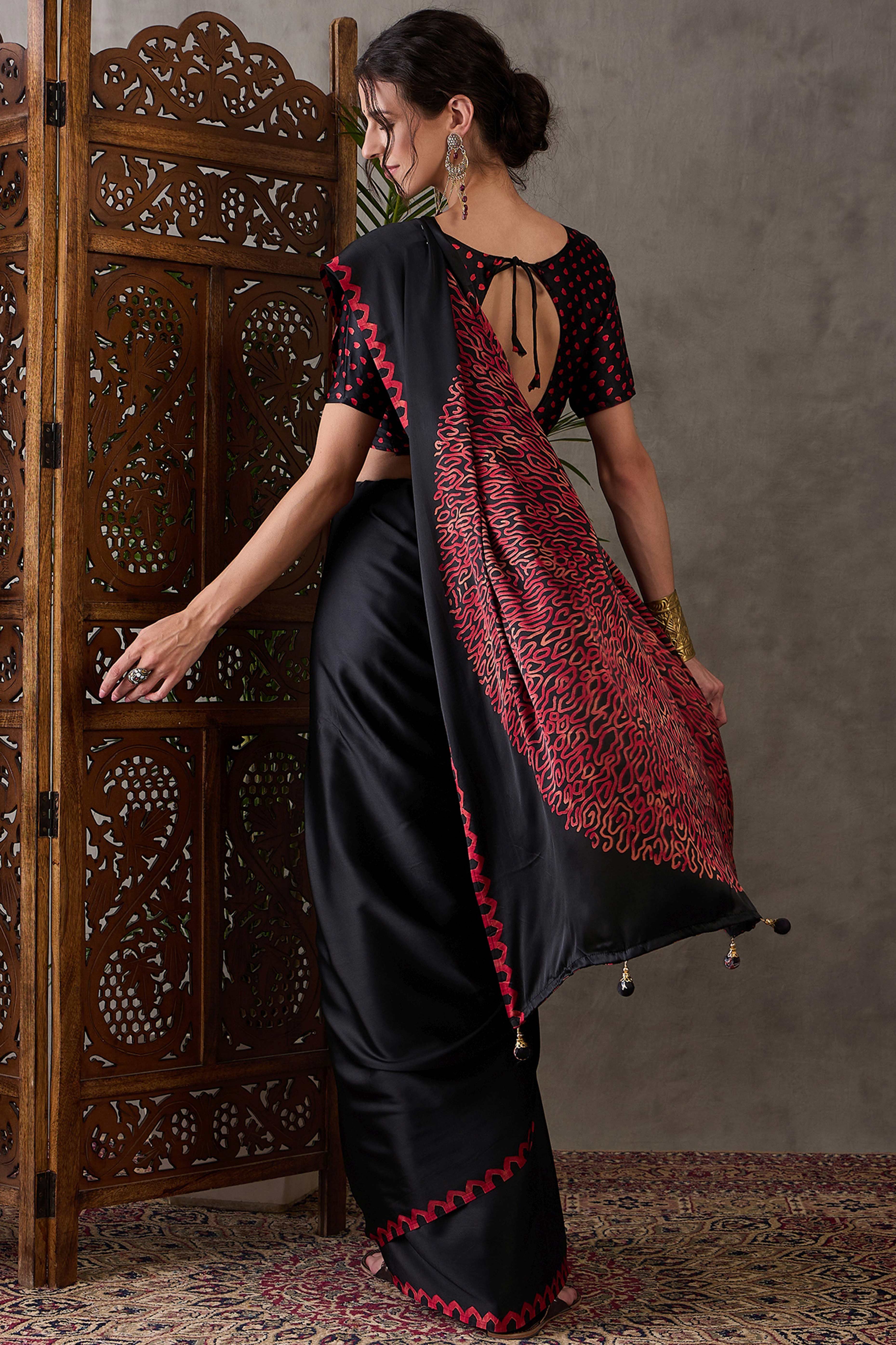 Black Free Style Printed Modal Satin Party Wear Saree with a Smooth Satin Drape