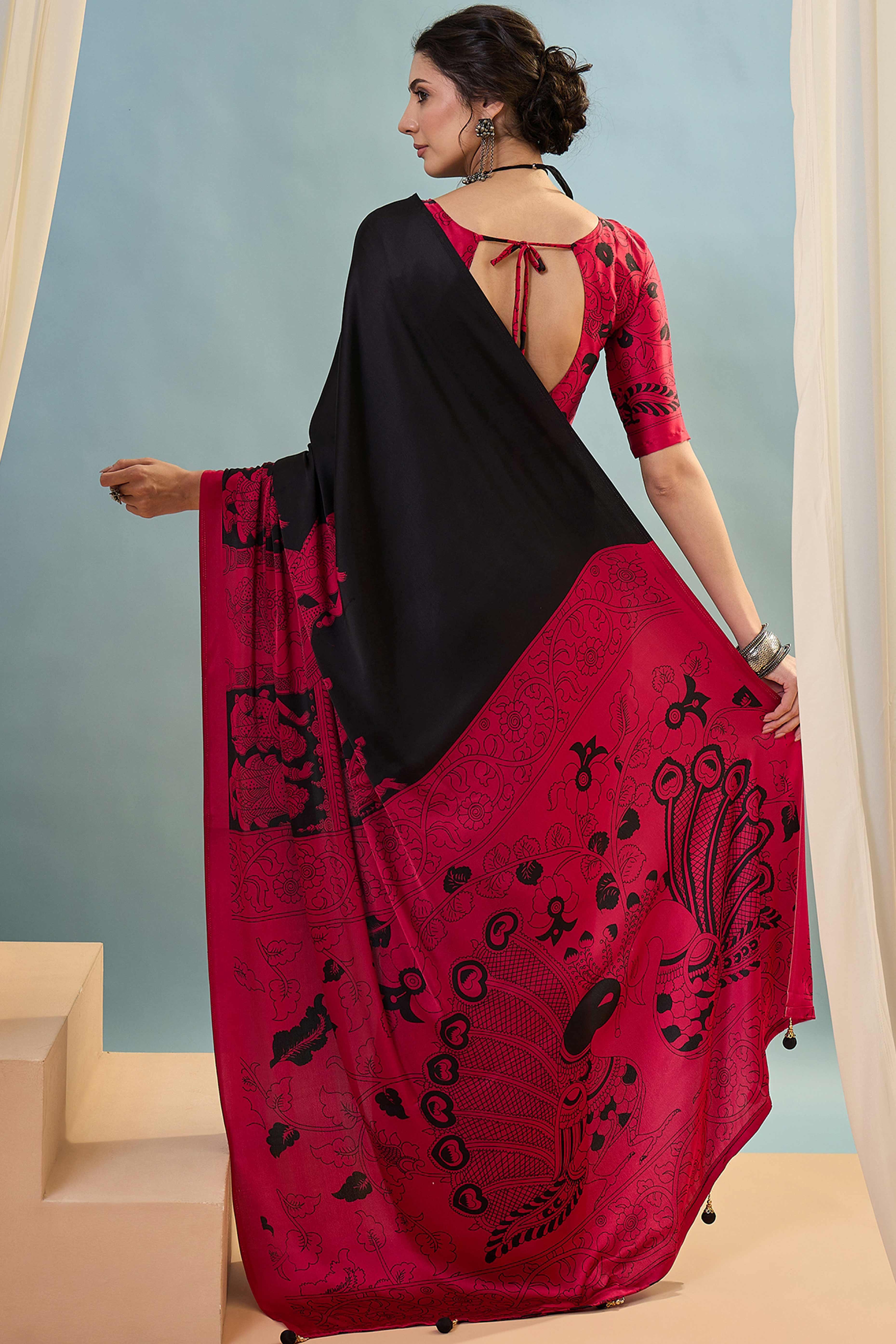 Black & Pink Kalamkari Style Modal Satin Saree Featuring Intricate Artistic Prints