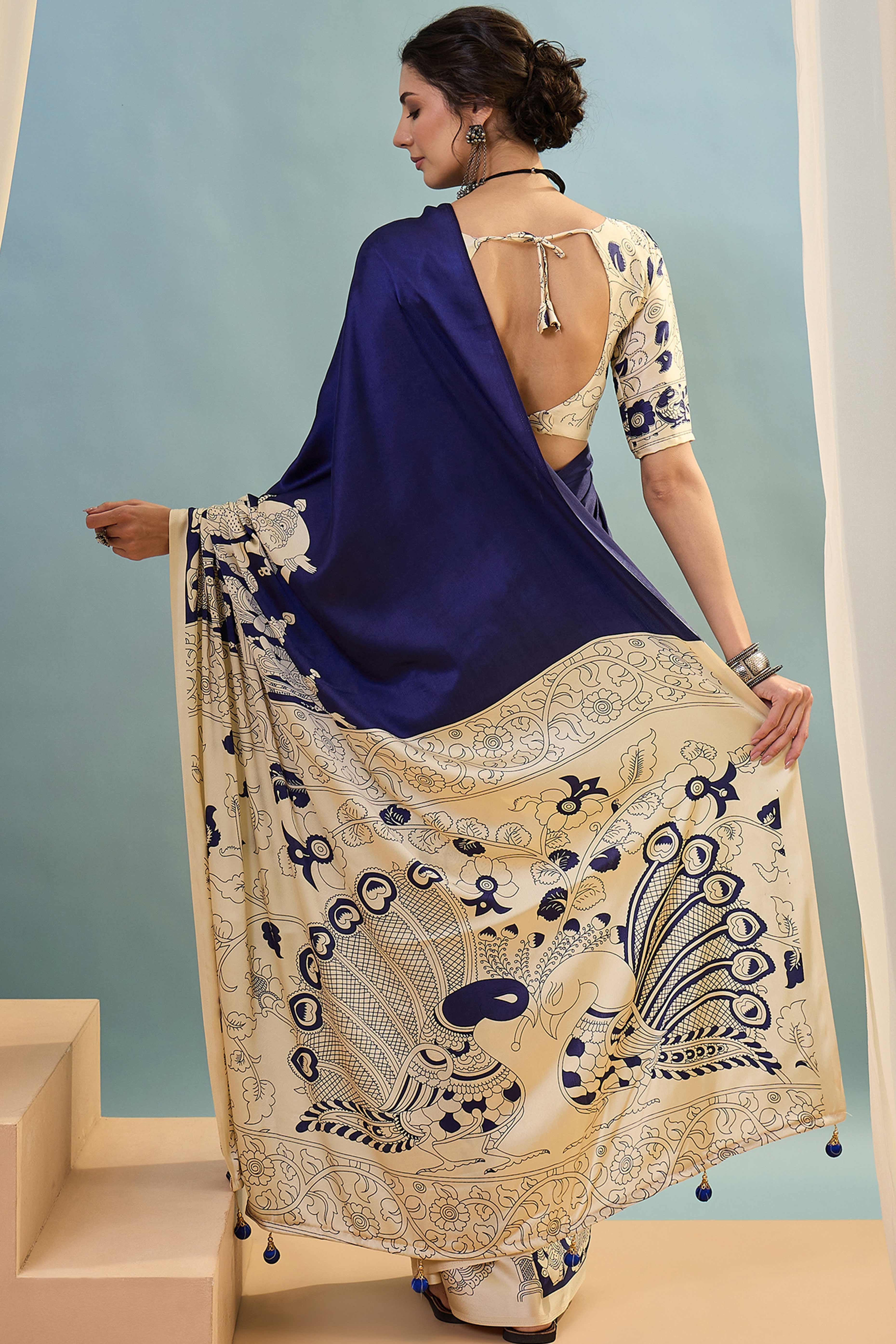 Blue Kalamkari Style Modal Satin Saree Featuring Intricate Artistic Prints