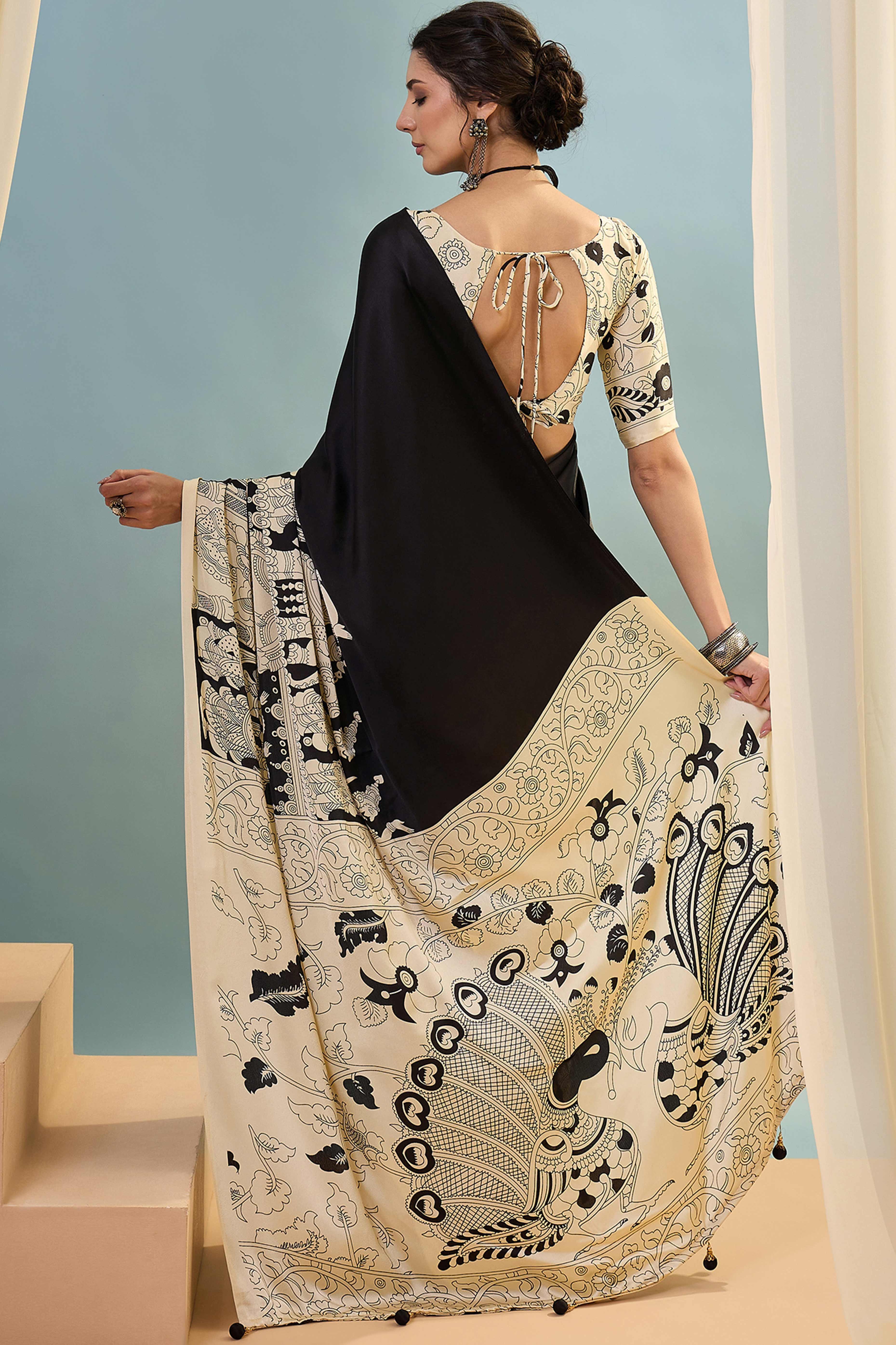 Black & Cream Kalamkari Style Modal Satin Saree Featuring Intricate Artistic Prints