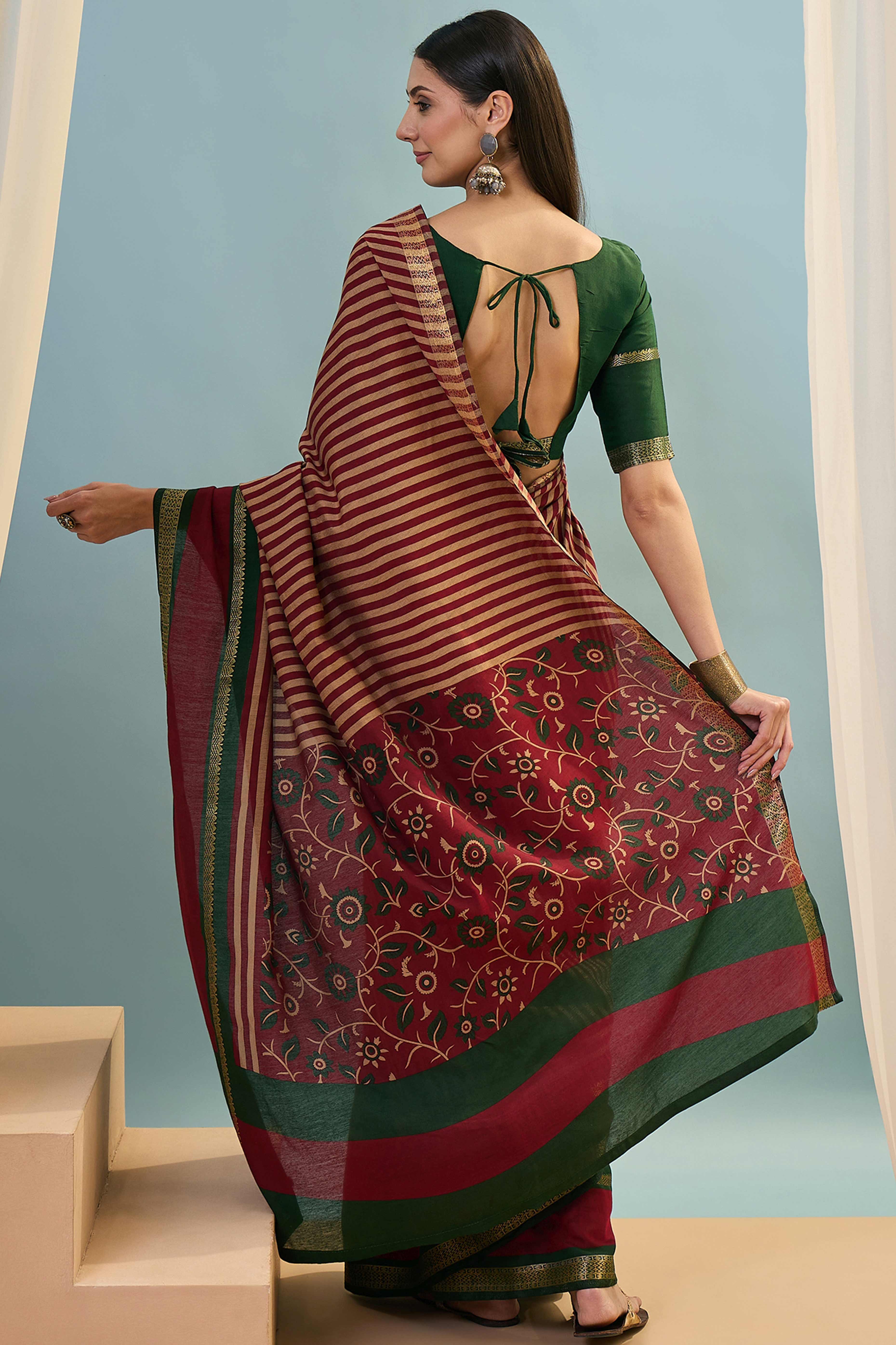 Maroon Striped Printed Viscose Saree with a Subtle Zari Finish