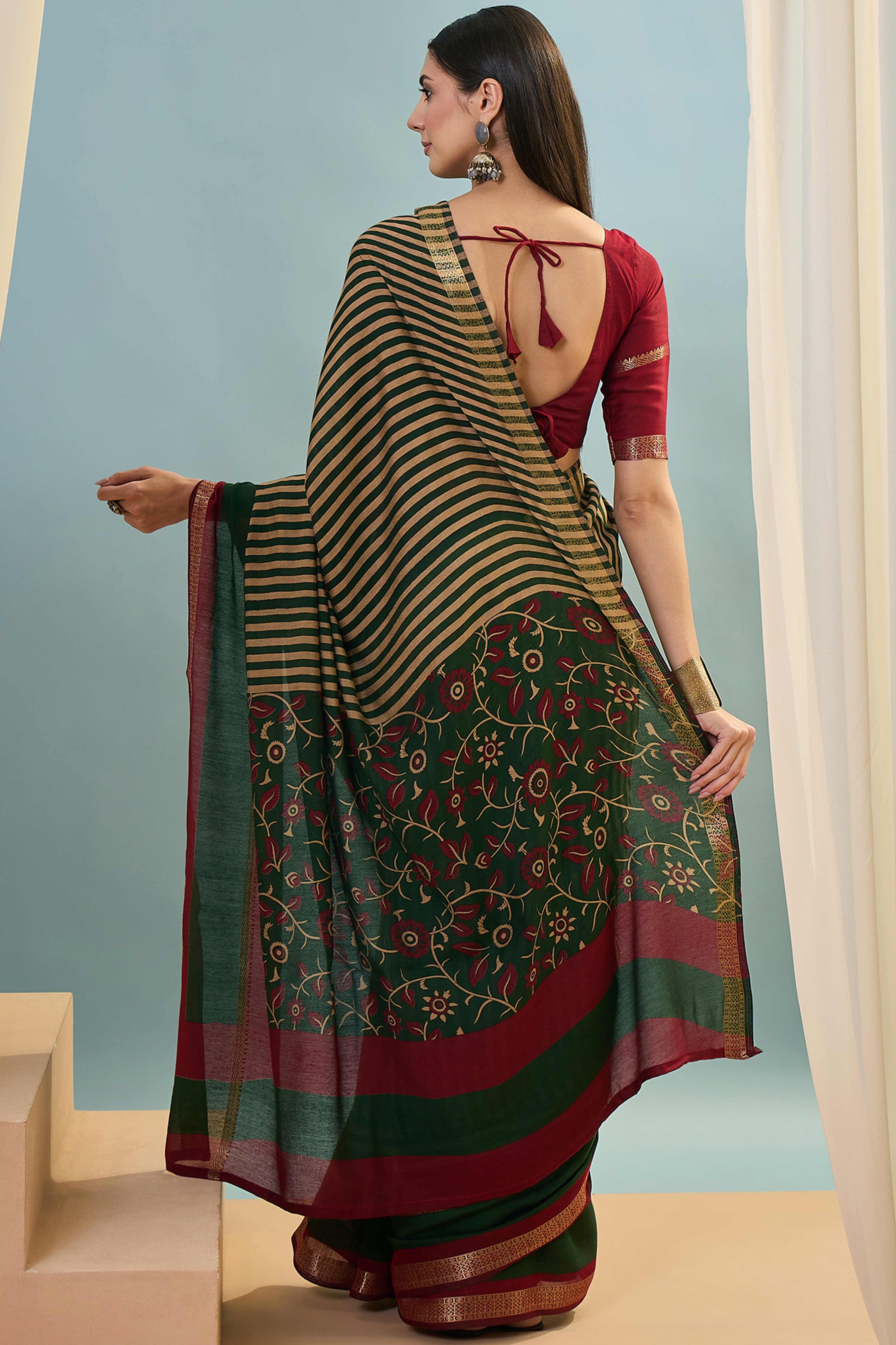 Green Striped Printed Viscose Saree with a Subtle Zari Finish