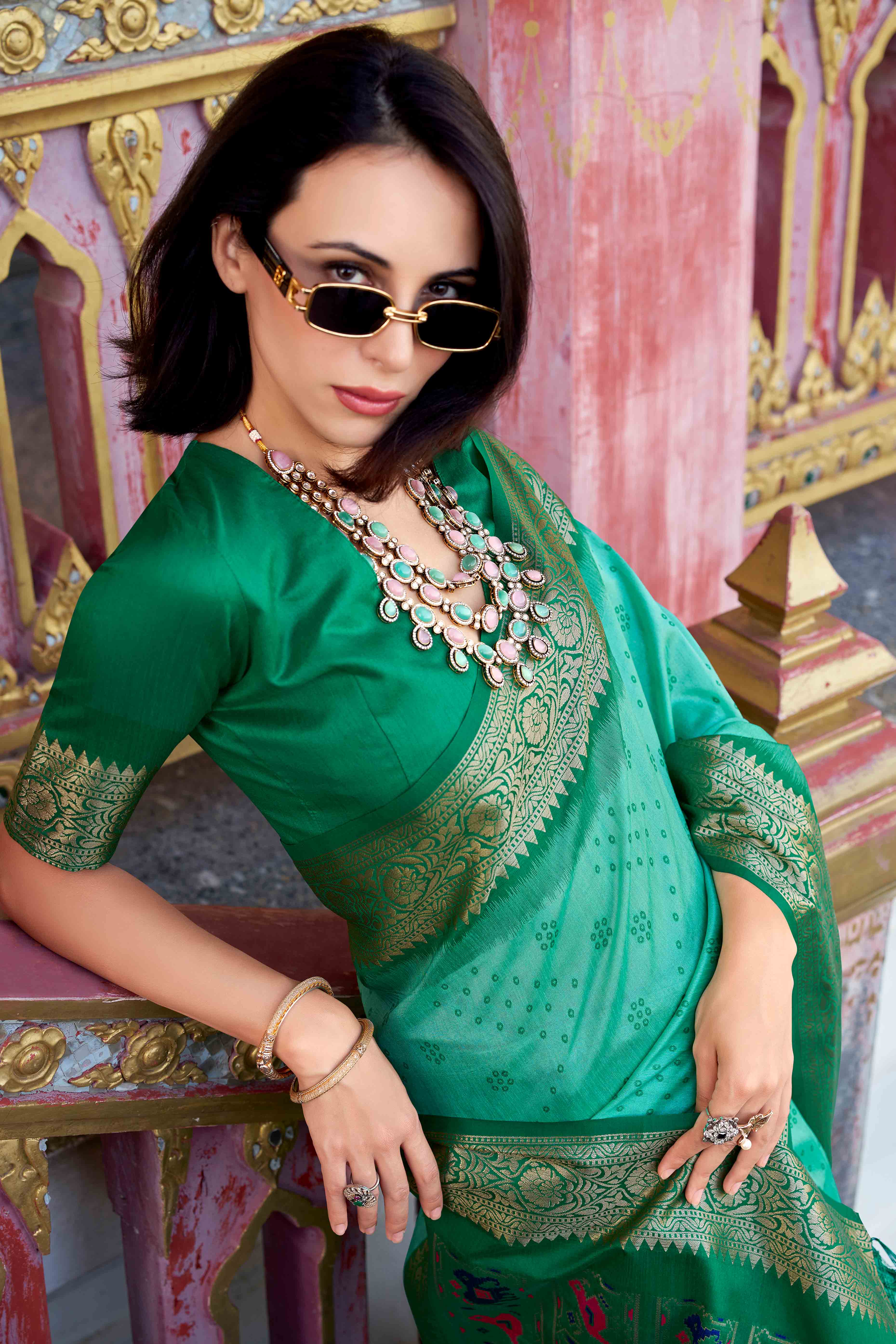 Silk Blend Woven Bandhani Saree In Sea Green With Contrasting Patola Pallu