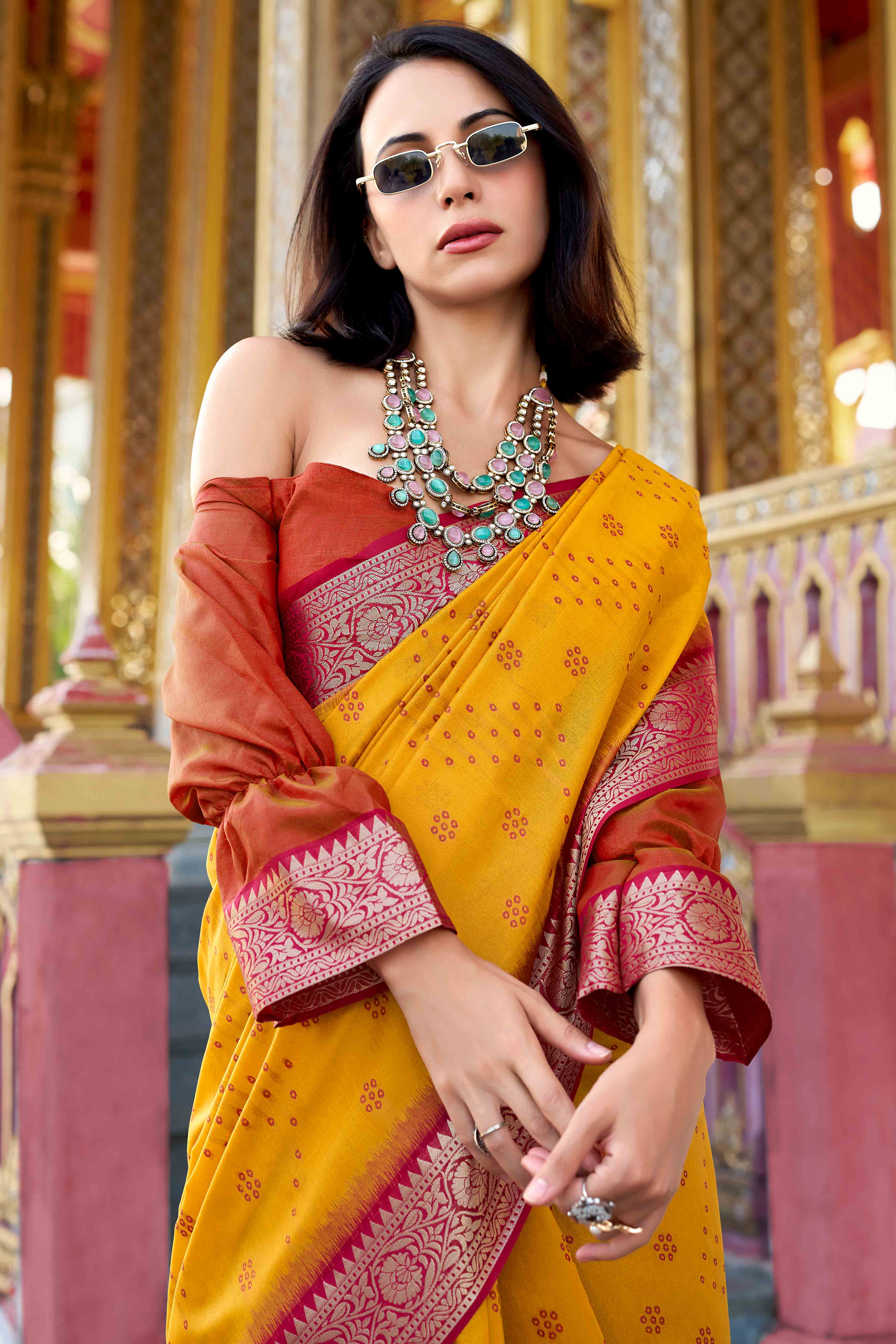 Silk Blend Woven Bandhani Saree In Mustard With Contrasting Patola Pallu